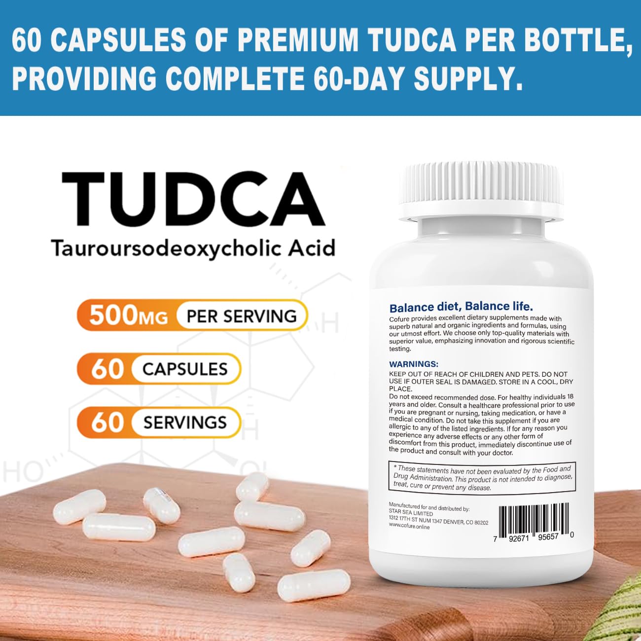 Cofure TUDCA Supplement 500 mg bottle with ingredients list