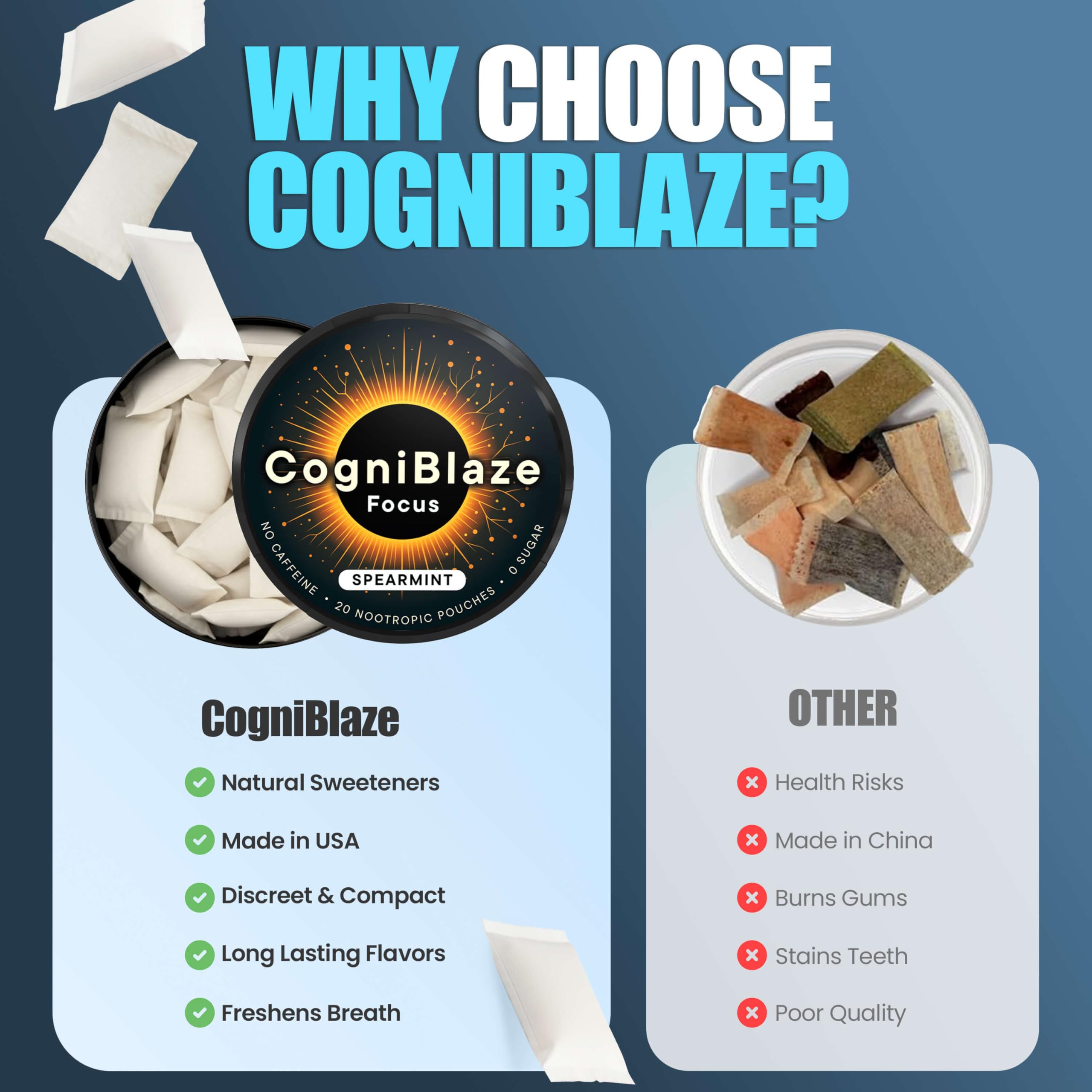 CogniBlaze Nootropic Pouches with ingredients list visible