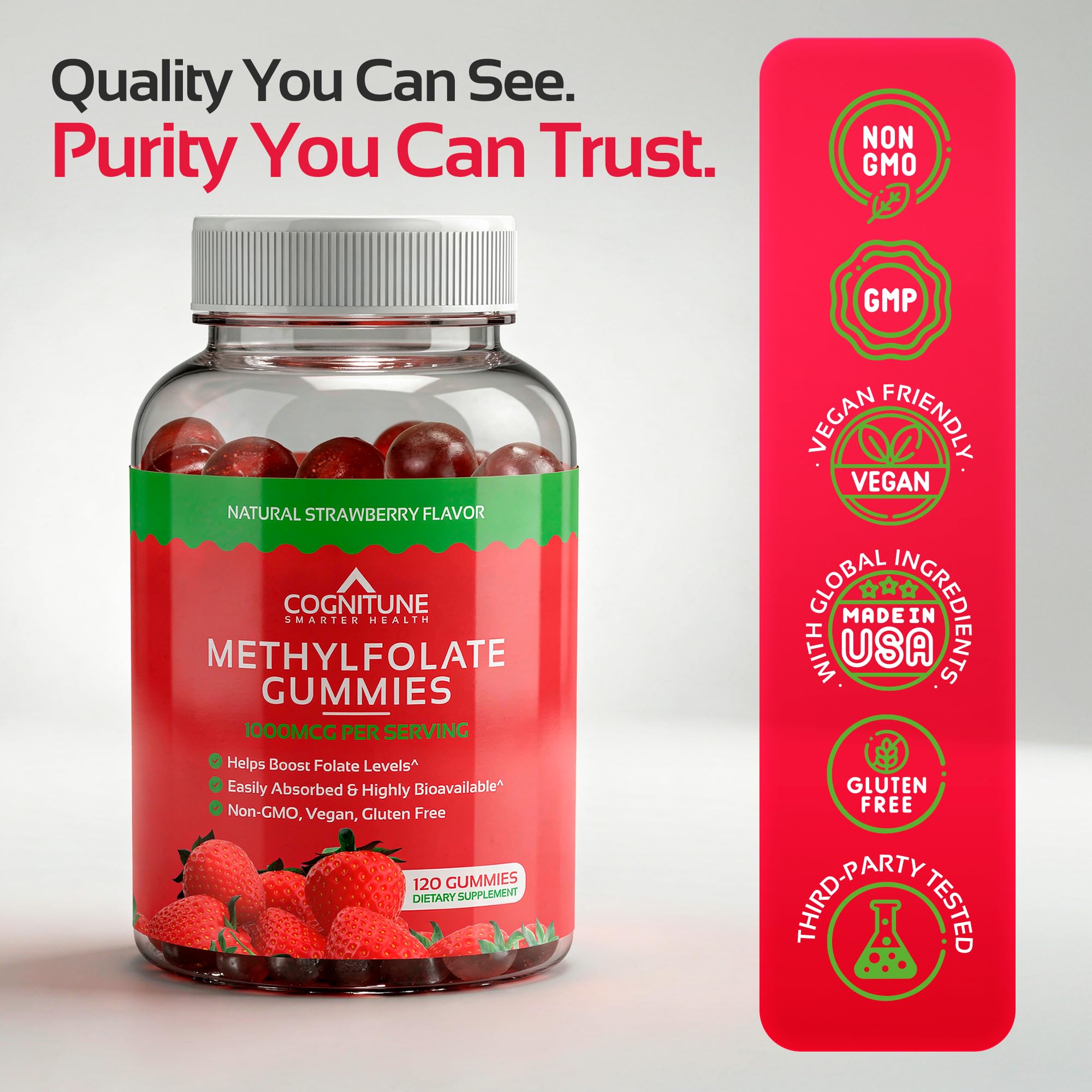 CogniTune Methylfolate Gummies bottle with fresh strawberries