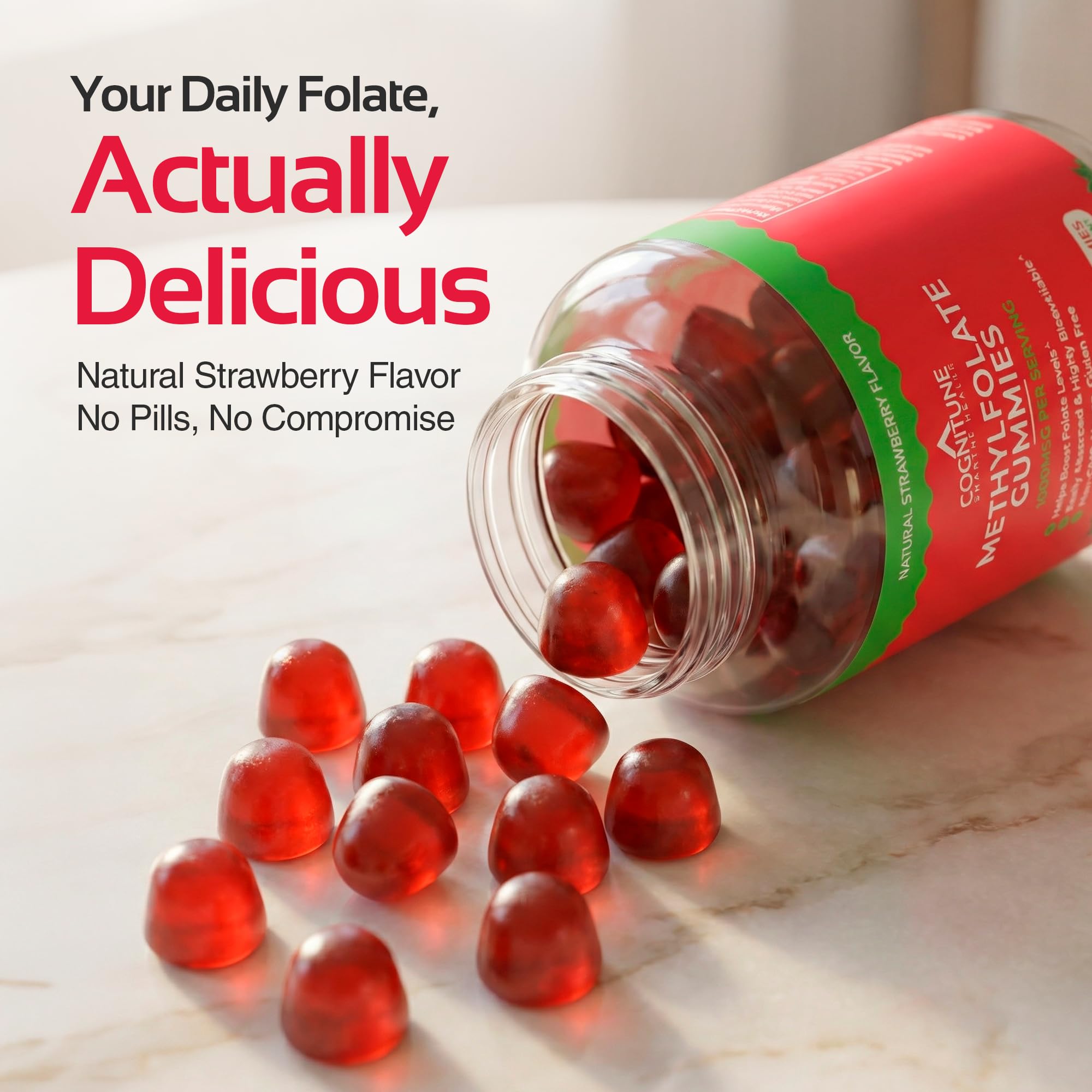 CogniTune Methylfolate Gummies strawberry flavour bottle