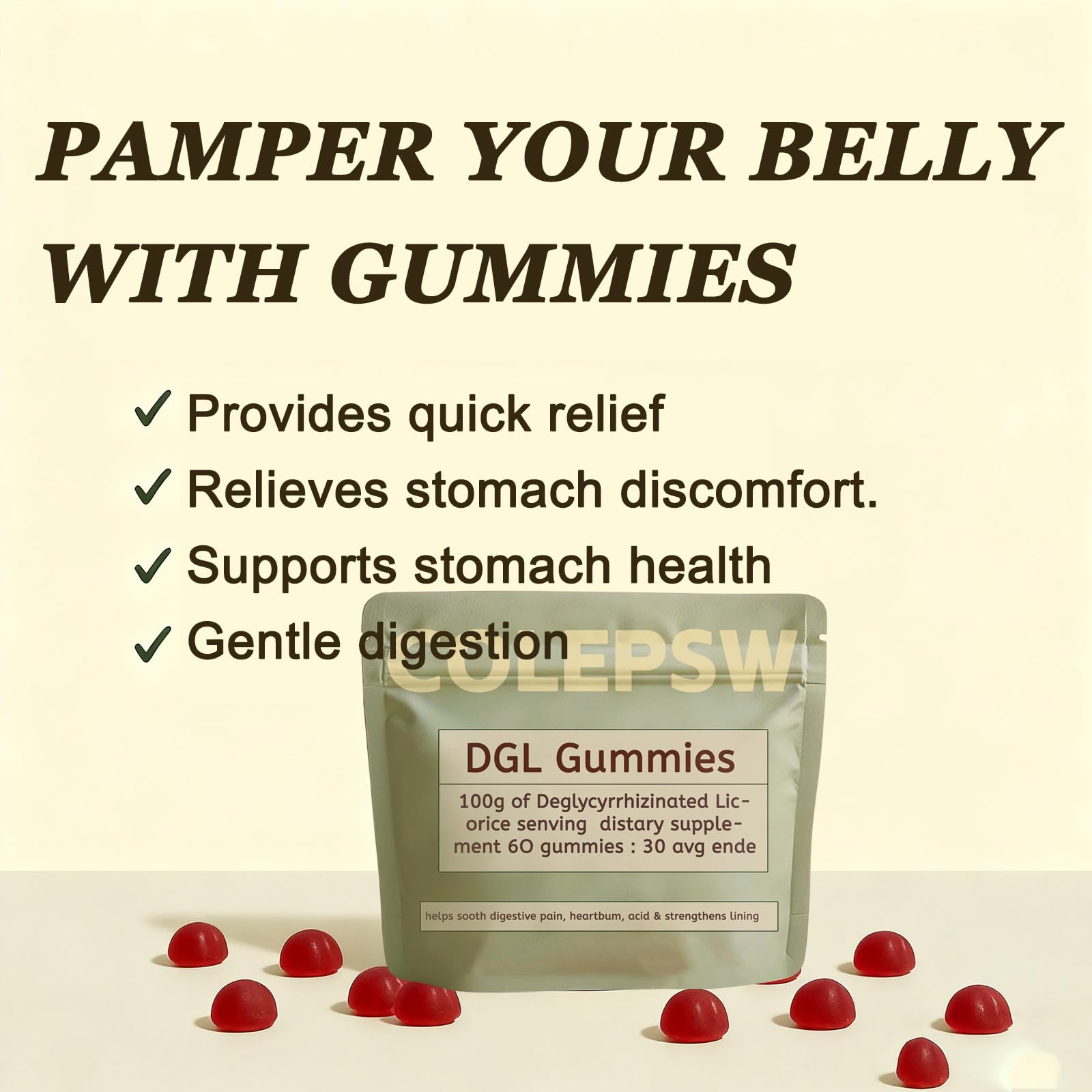 COLEPSW DGL Gummies in a hand for size reference