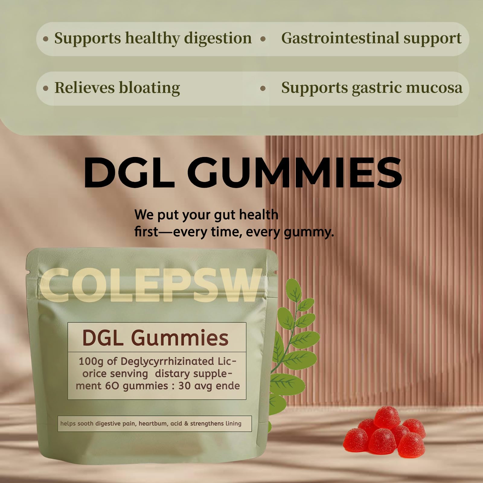 COLEPSW DGL Gummies packaging with nutritional information