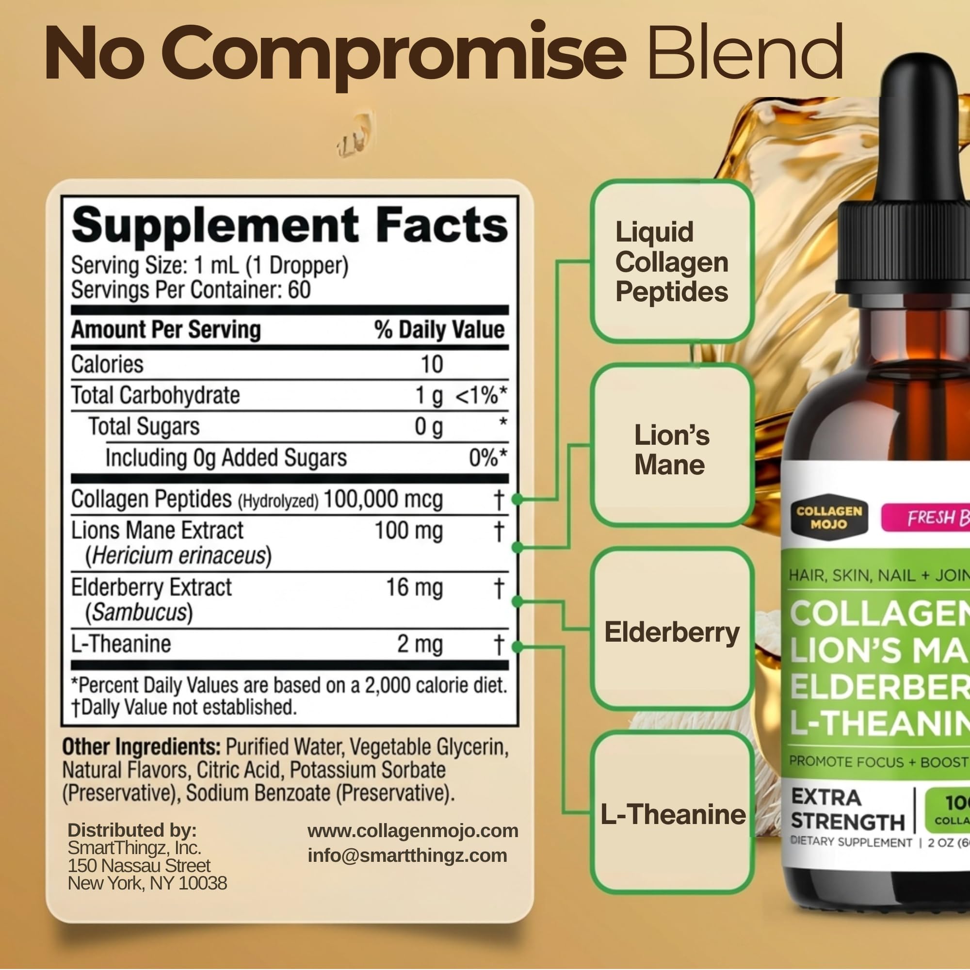 Collagen Mojo Lions Mane Liquid Collagen Drops 132g bottle side view