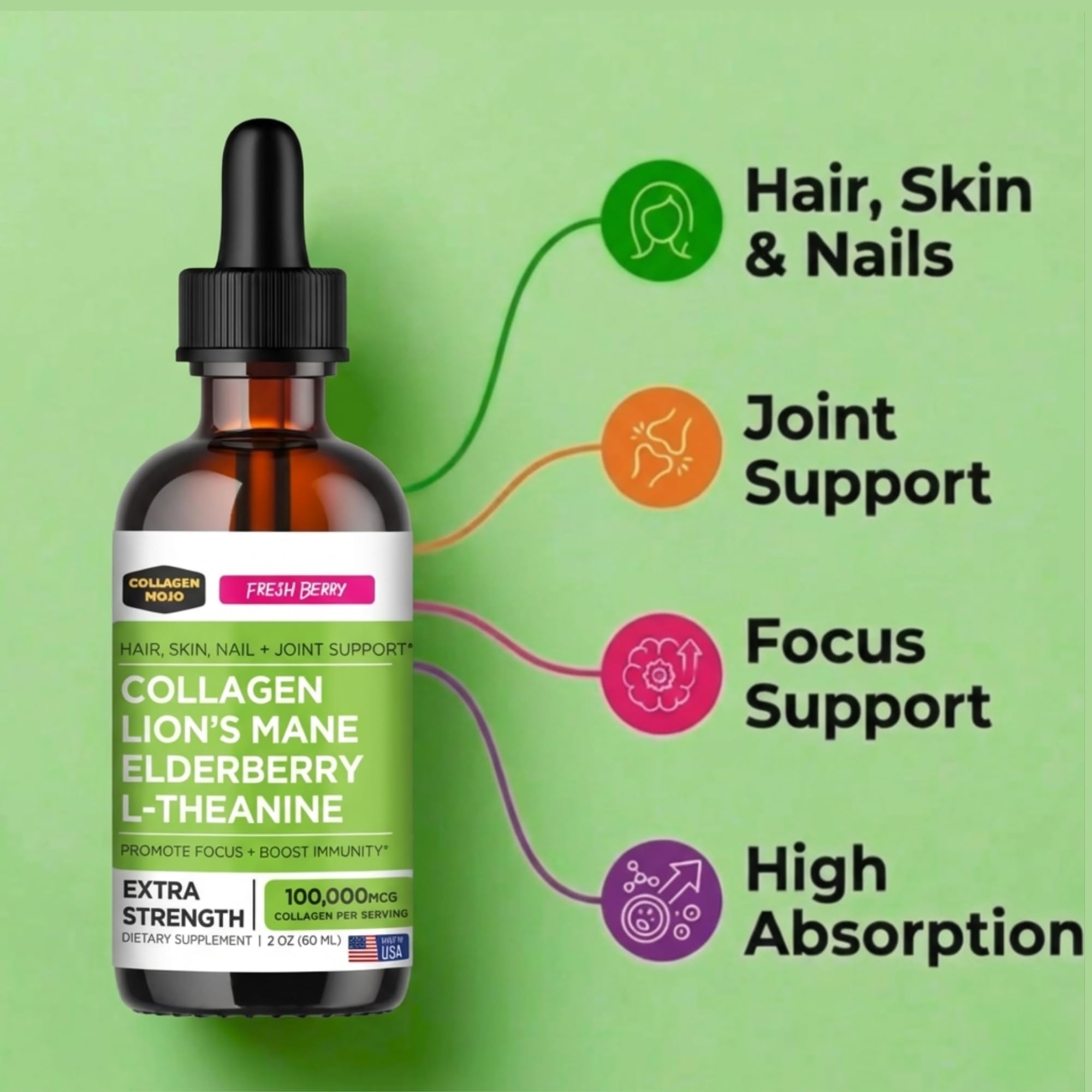 Collagen Mojo Lions Mane Liquid Collagen Drops on a kitchen counter