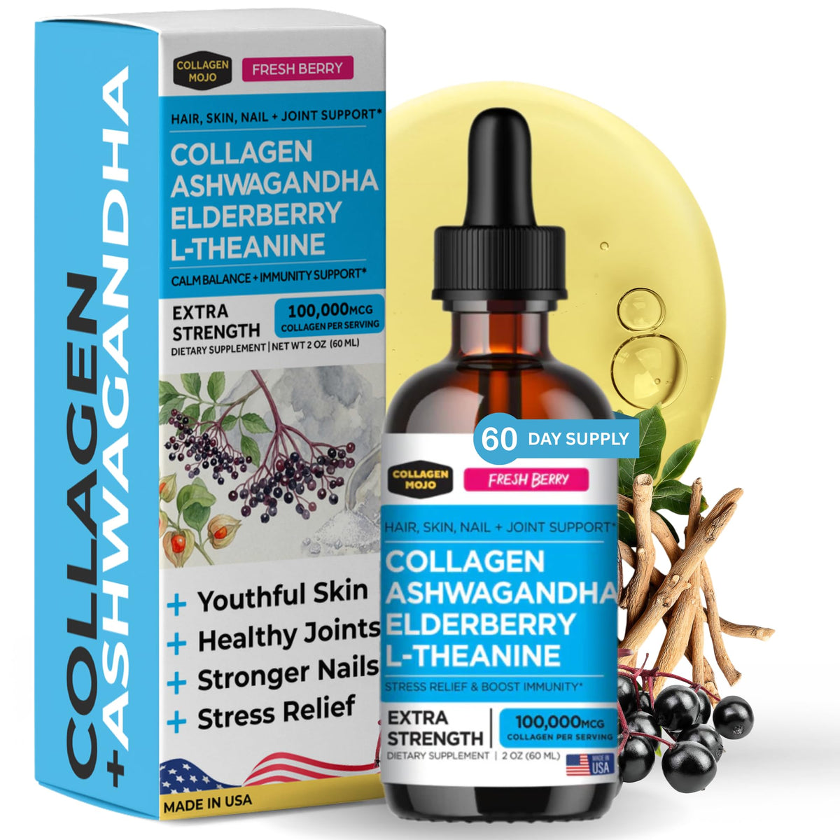 Collagen Mojo Liquid Ashwagandha Collagen Drops bottle front view