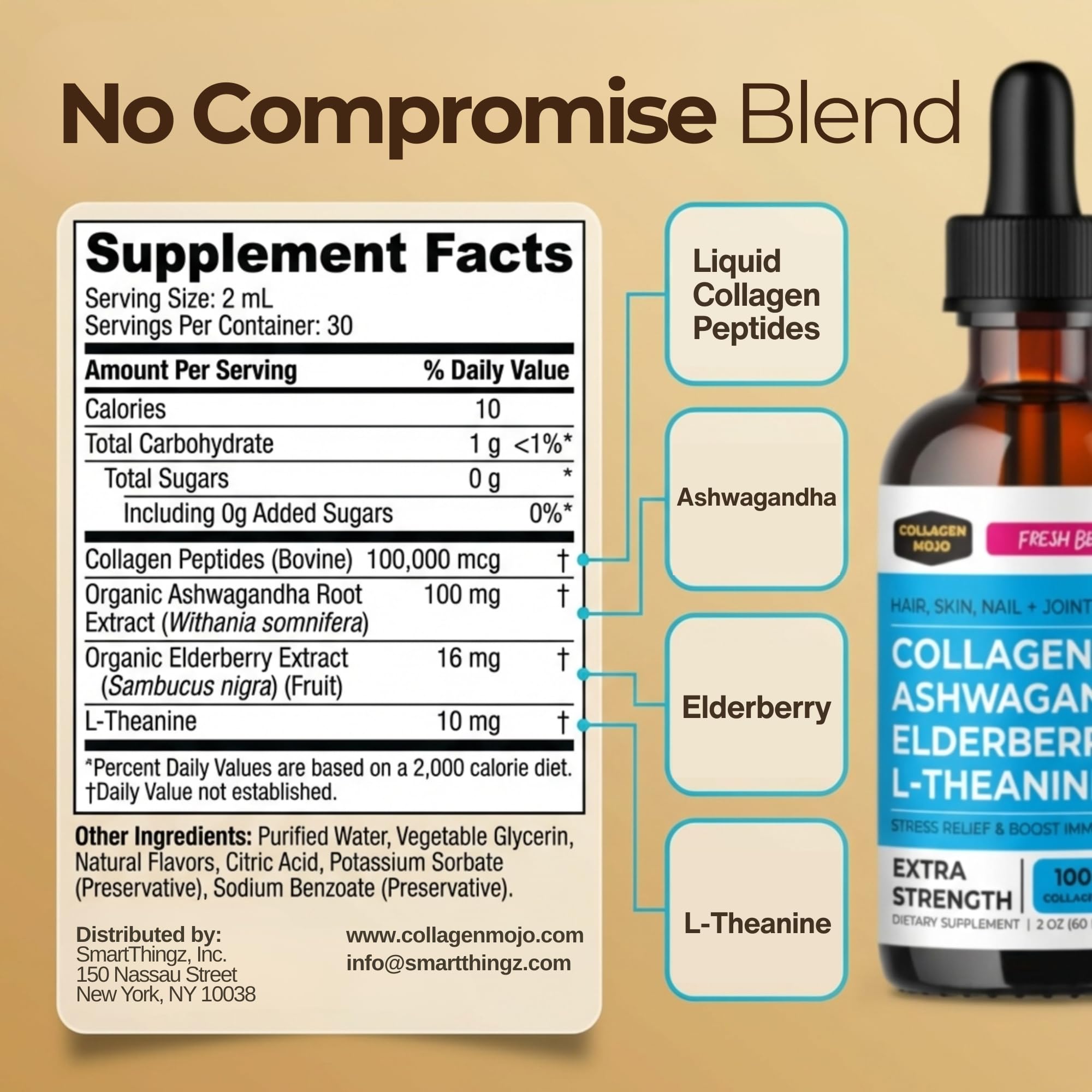 Collagen Mojo Liquid Ashwagandha Collagen Drops bottle side view