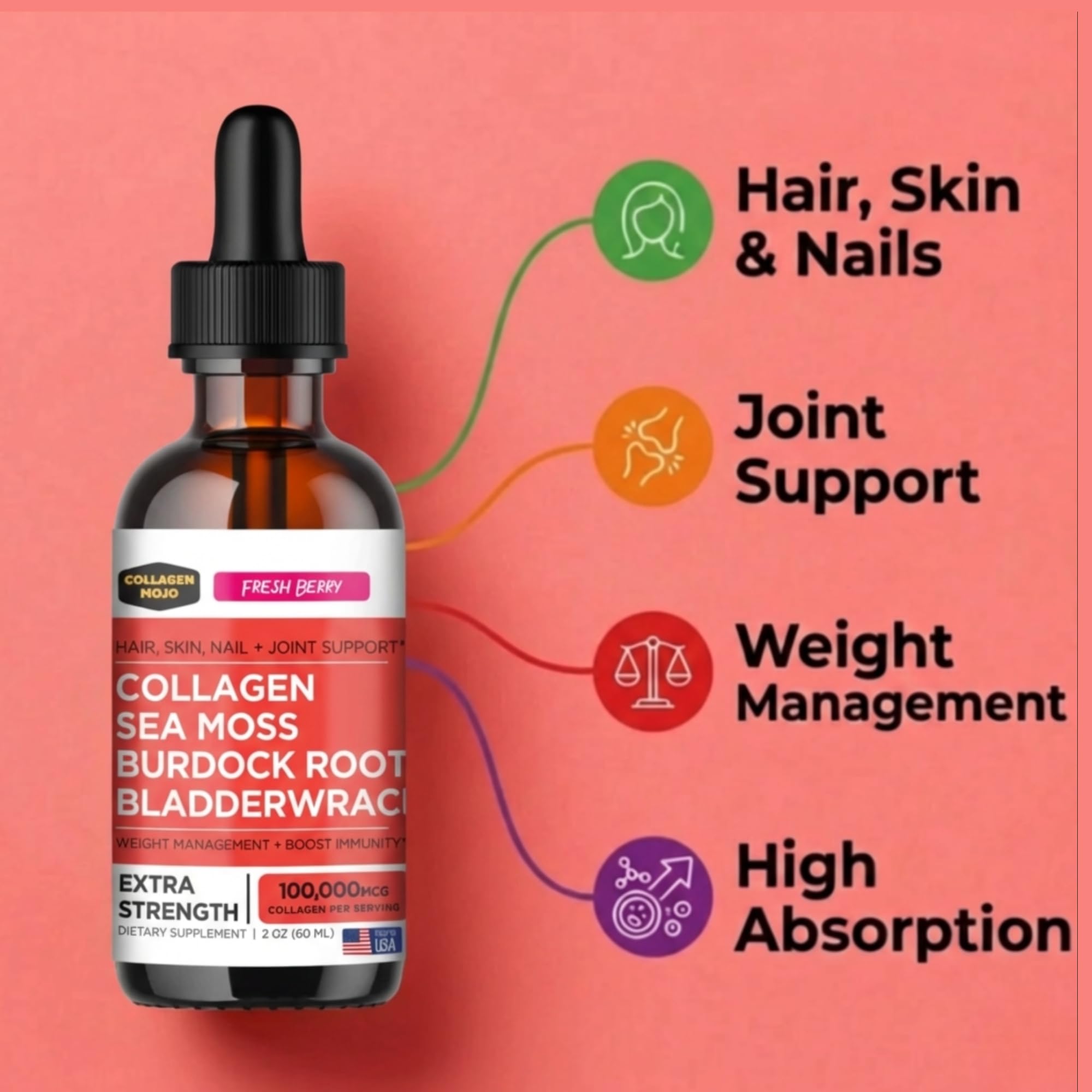 Collagen Mojo Liquid Collagen 132g displayed with sea moss