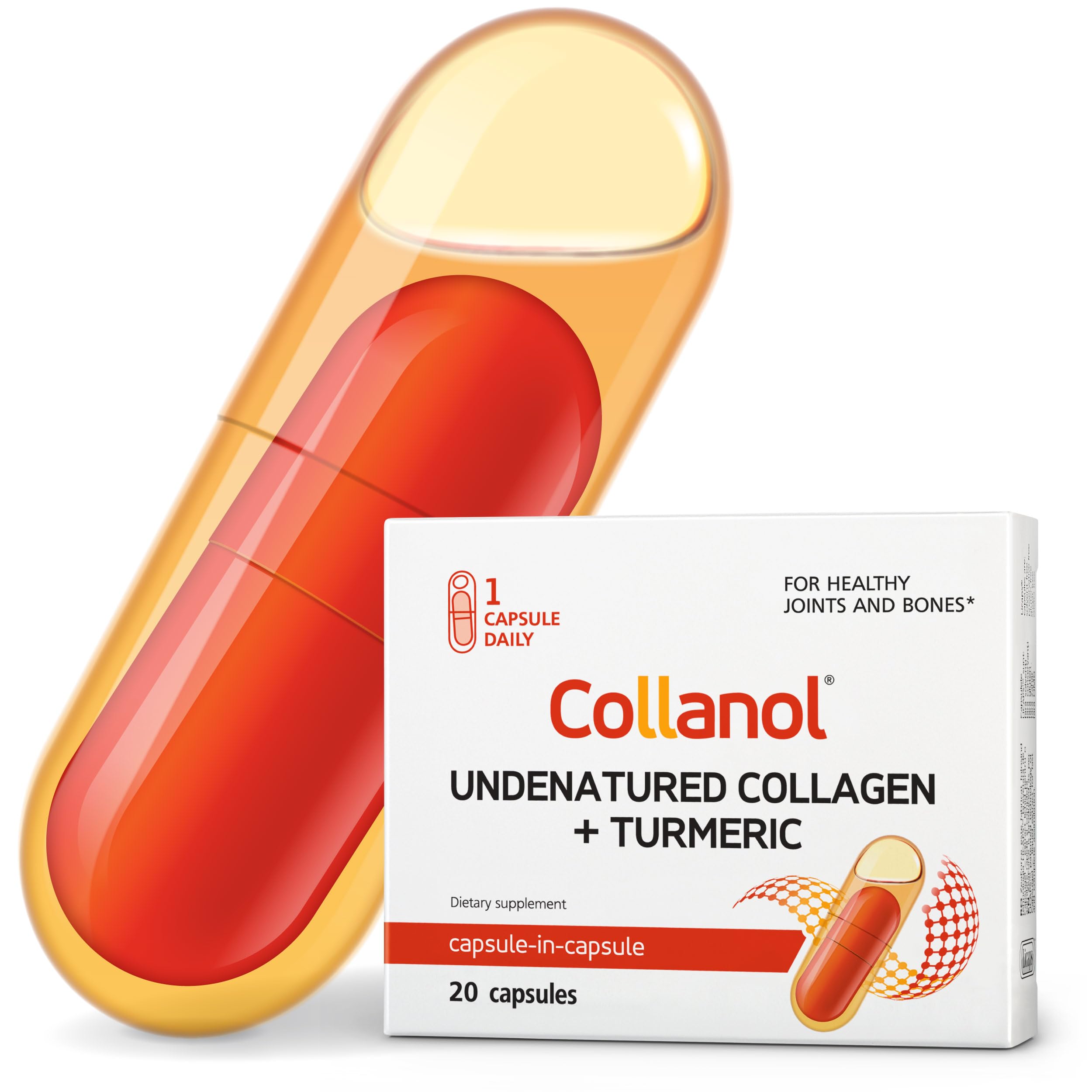 Collanol Collagen Supplement front view with dual-capsule packaging