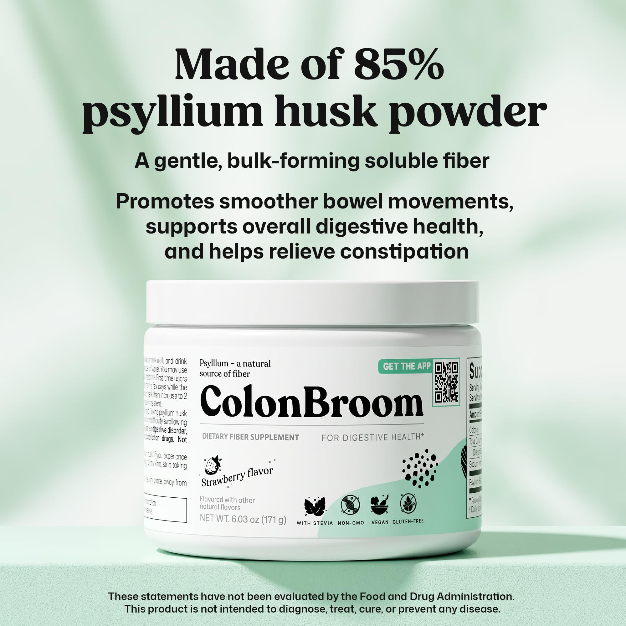 ColonBroom Psyllium Husk Powder 171g with fresh strawberries