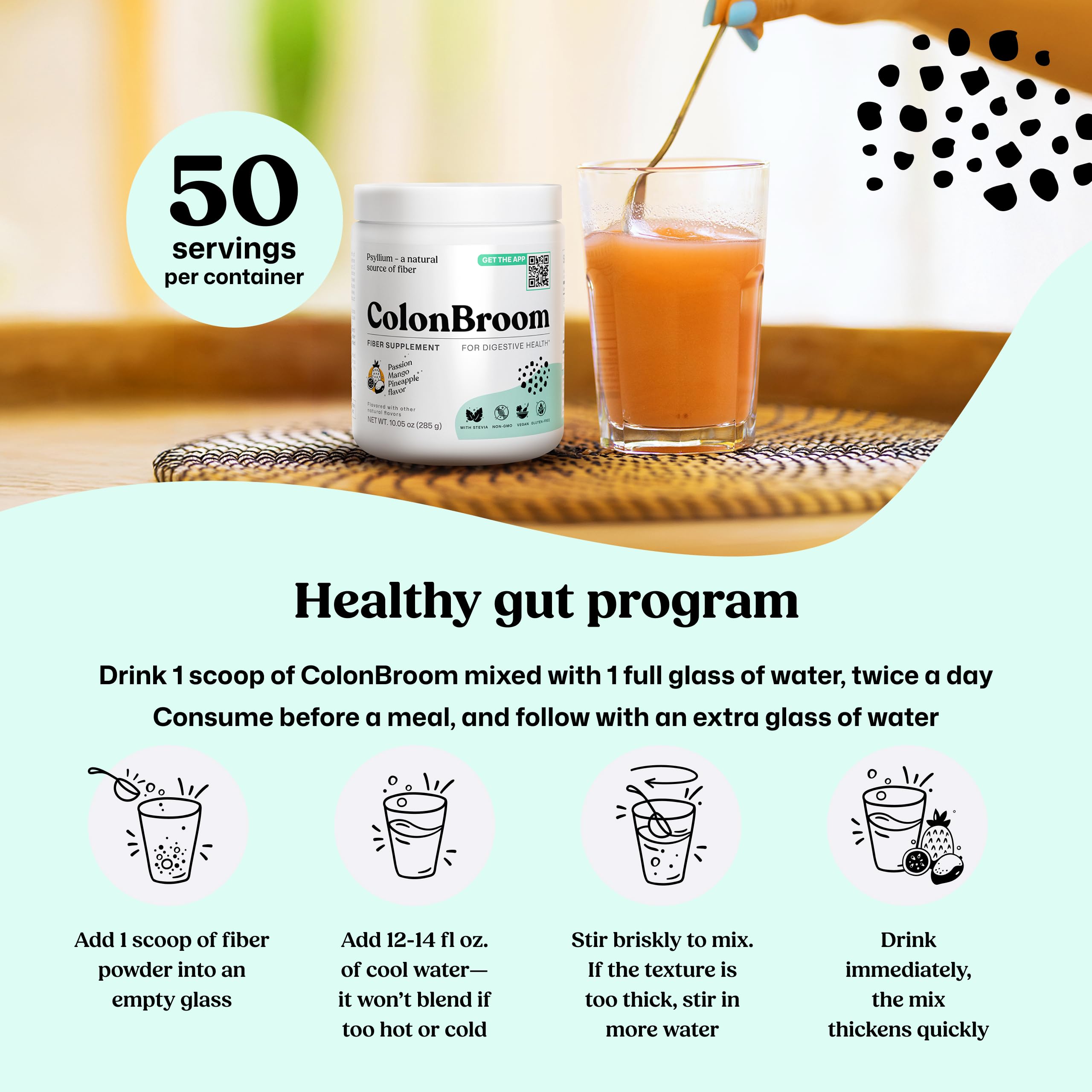 ColonBroom Psyllium Husk Powder 280g on a kitchen counter