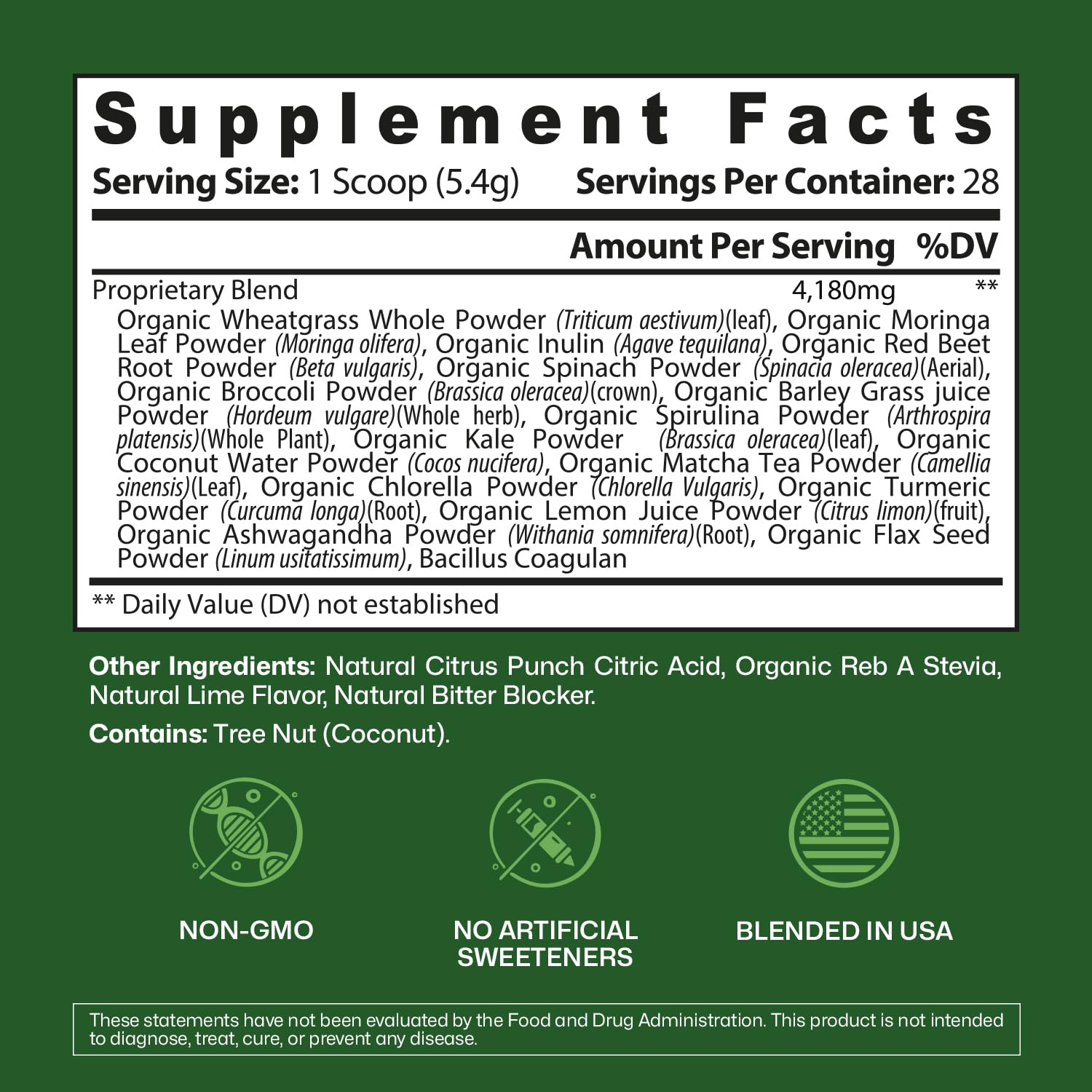 ColonBroom Spirulina Super Greens Powder 213g mixed in a glass