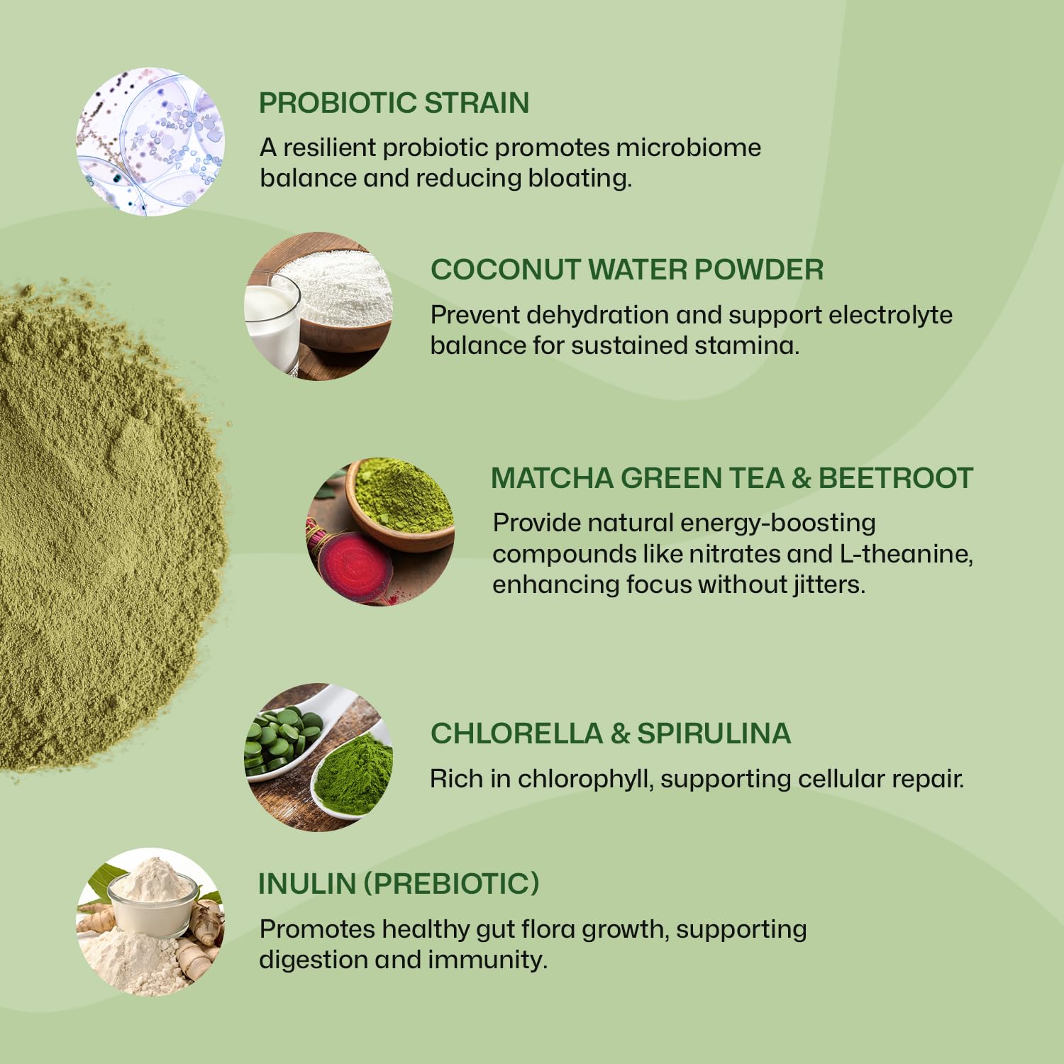 ColonBroom Spirulina Super Greens Powder 213g scoop