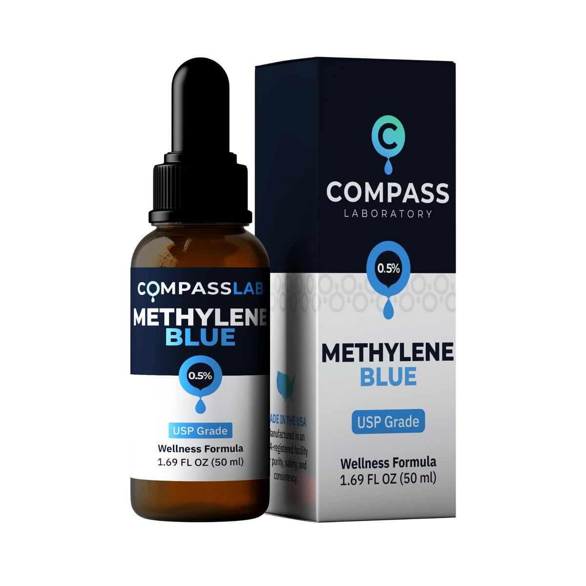 COMPASS LABORATORY Methylene Blue Antioxidant Supplement glass bottle front view
