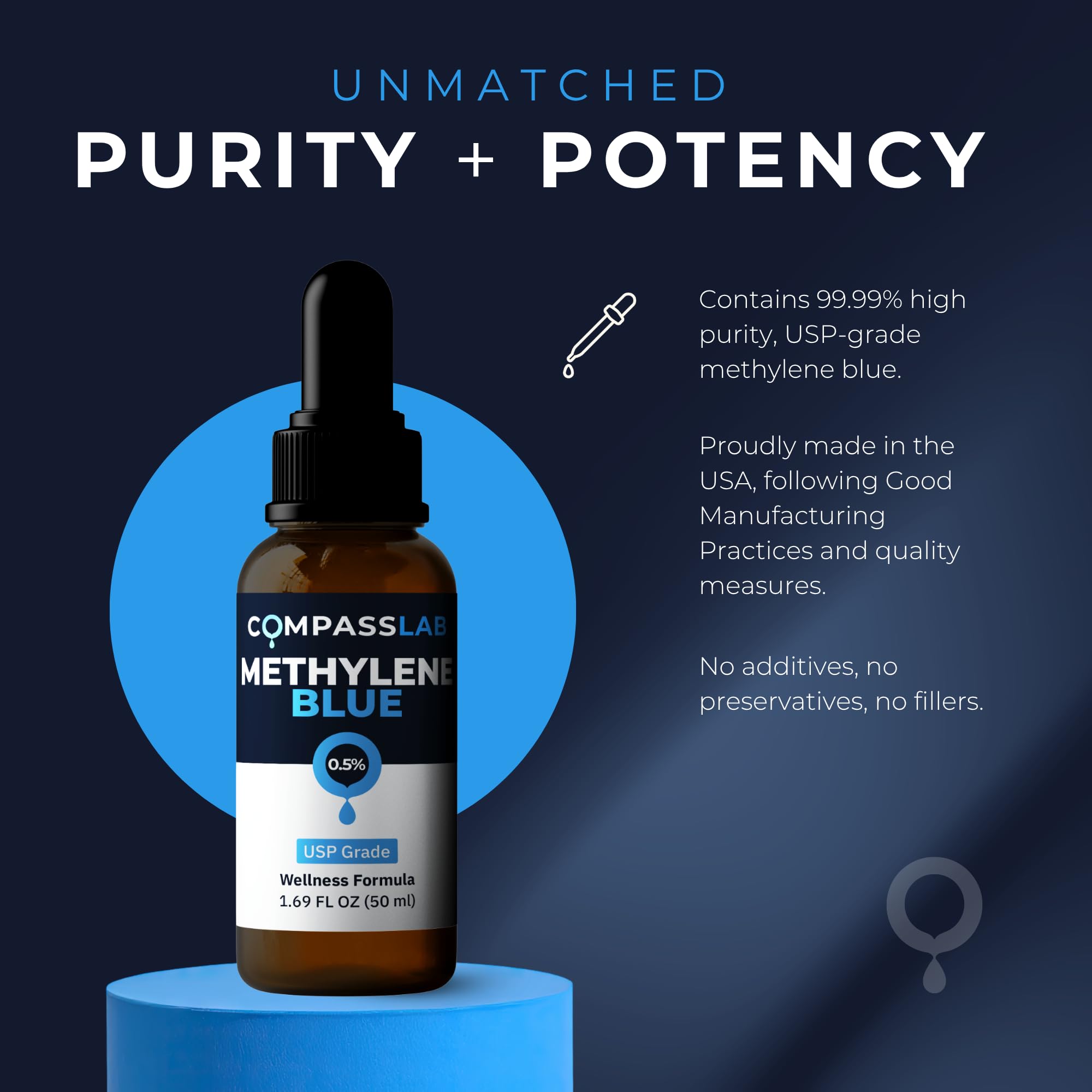 COMPASS LABORATORY Methylene Blue Antioxidant Supplement glass bottle side view