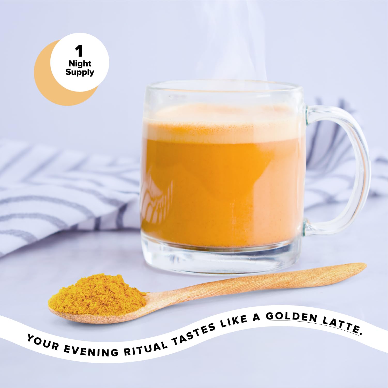 Complement Restore Golden Latte drink beside a cozy blanket
