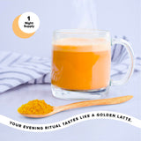 Complement Restore Golden Latte drink beside a cozy blanket