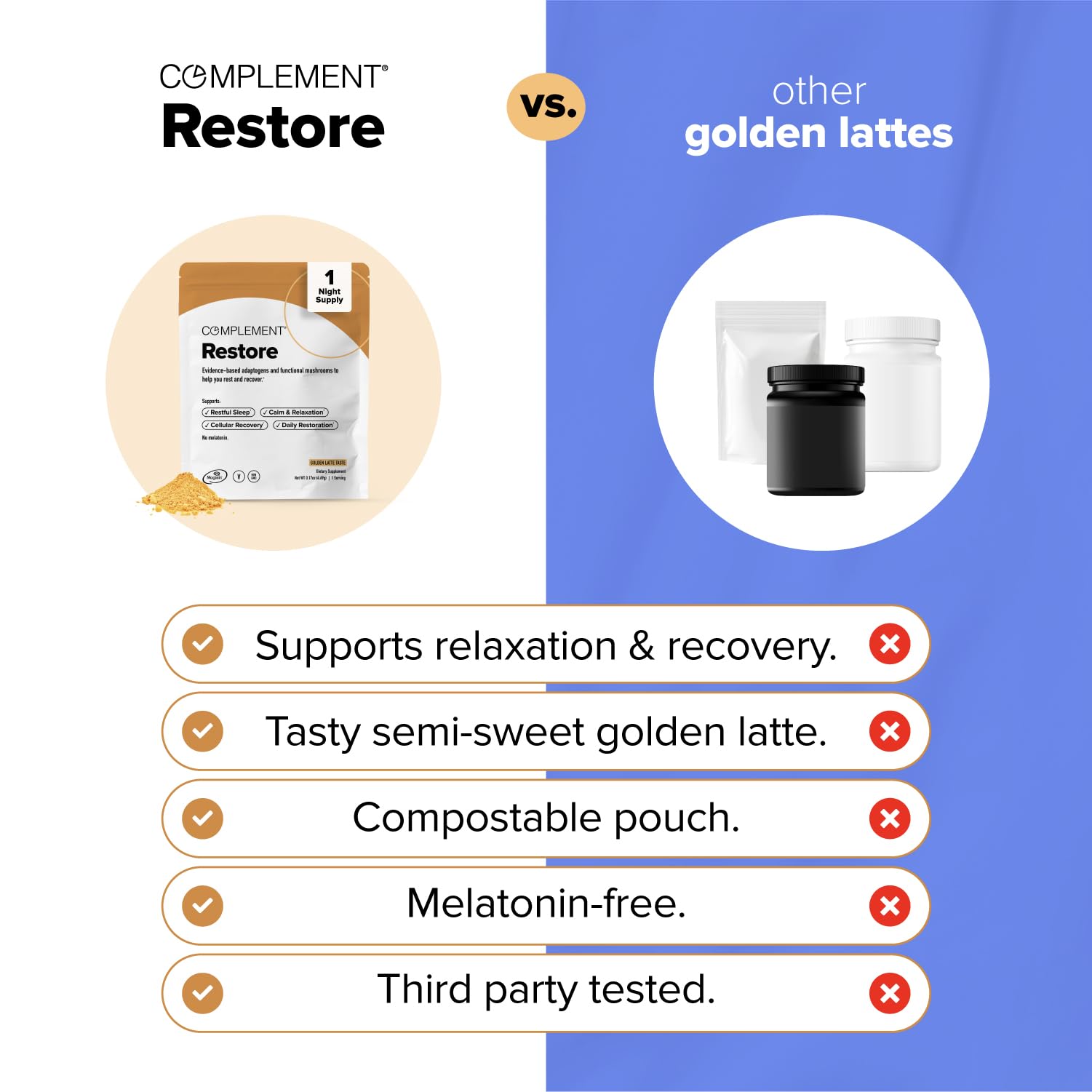 Complement Restore Golden Latte mixed with hot water in a cup