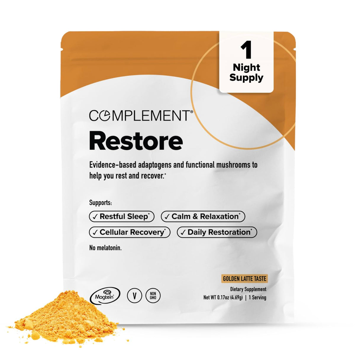 Complement Restore Golden Latte powder in a compostable pouch