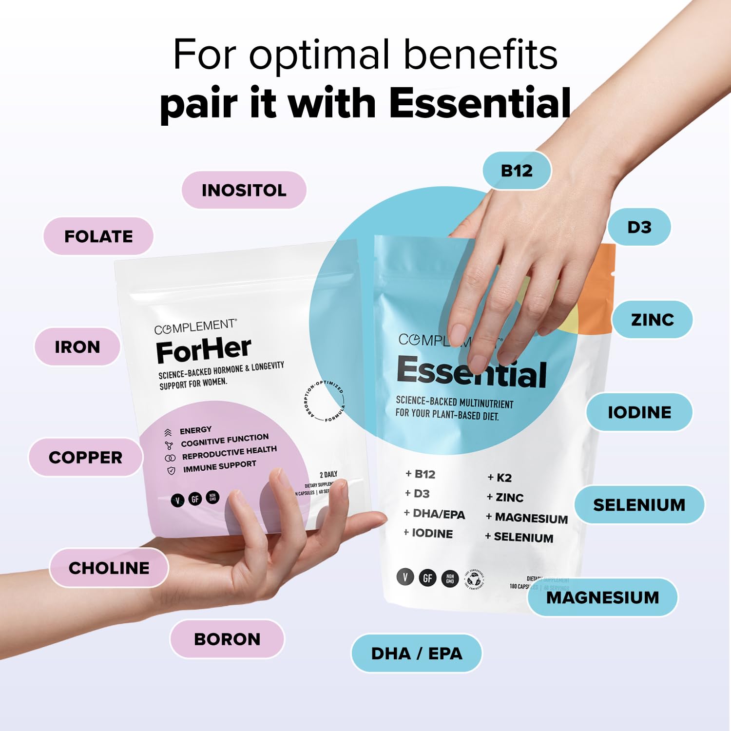 Complement Women's Multivitamins lifestyle scene with a woman taking the supplement