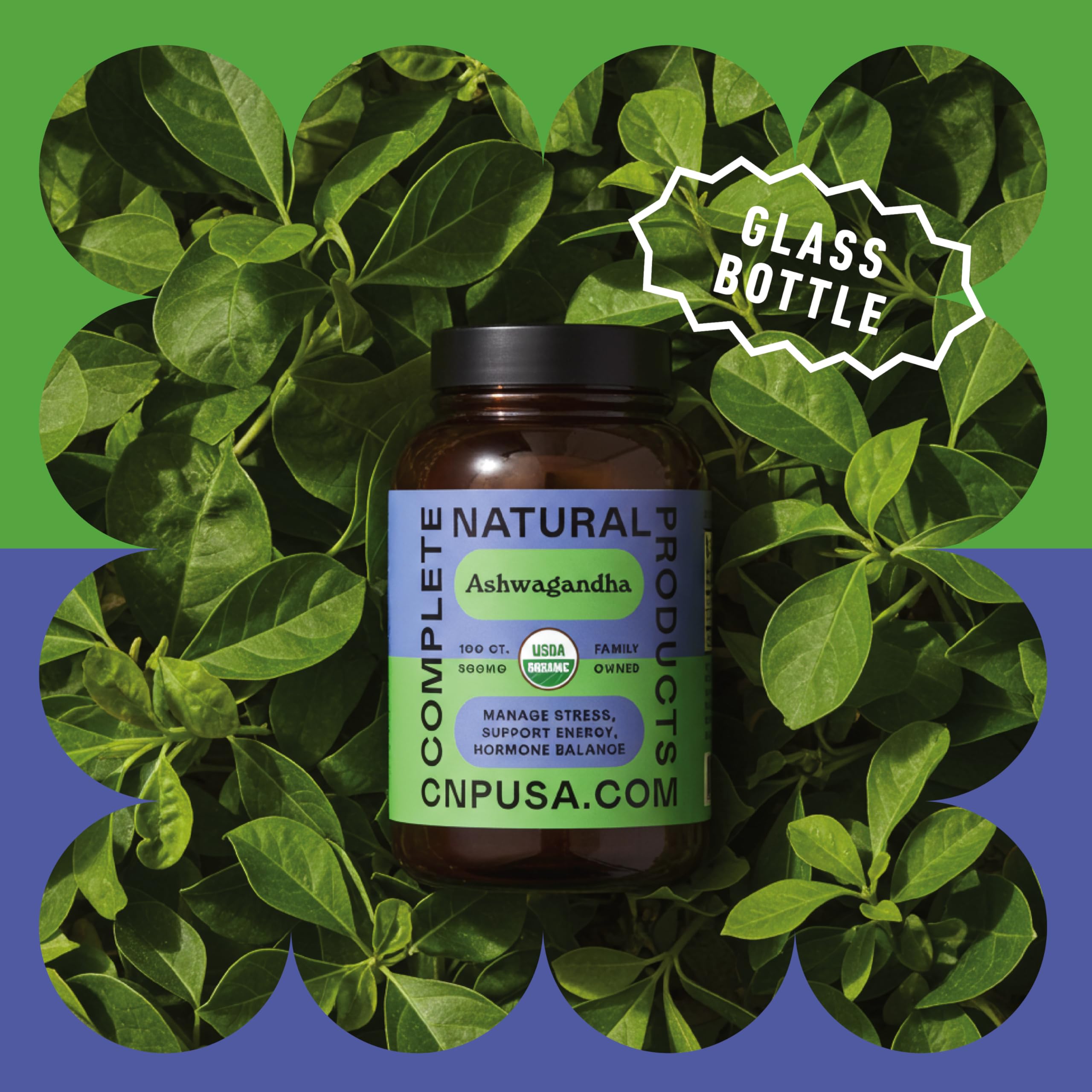 Complete Natural Products Ashwagandha Capsules 500mg capsules on a wooden surface