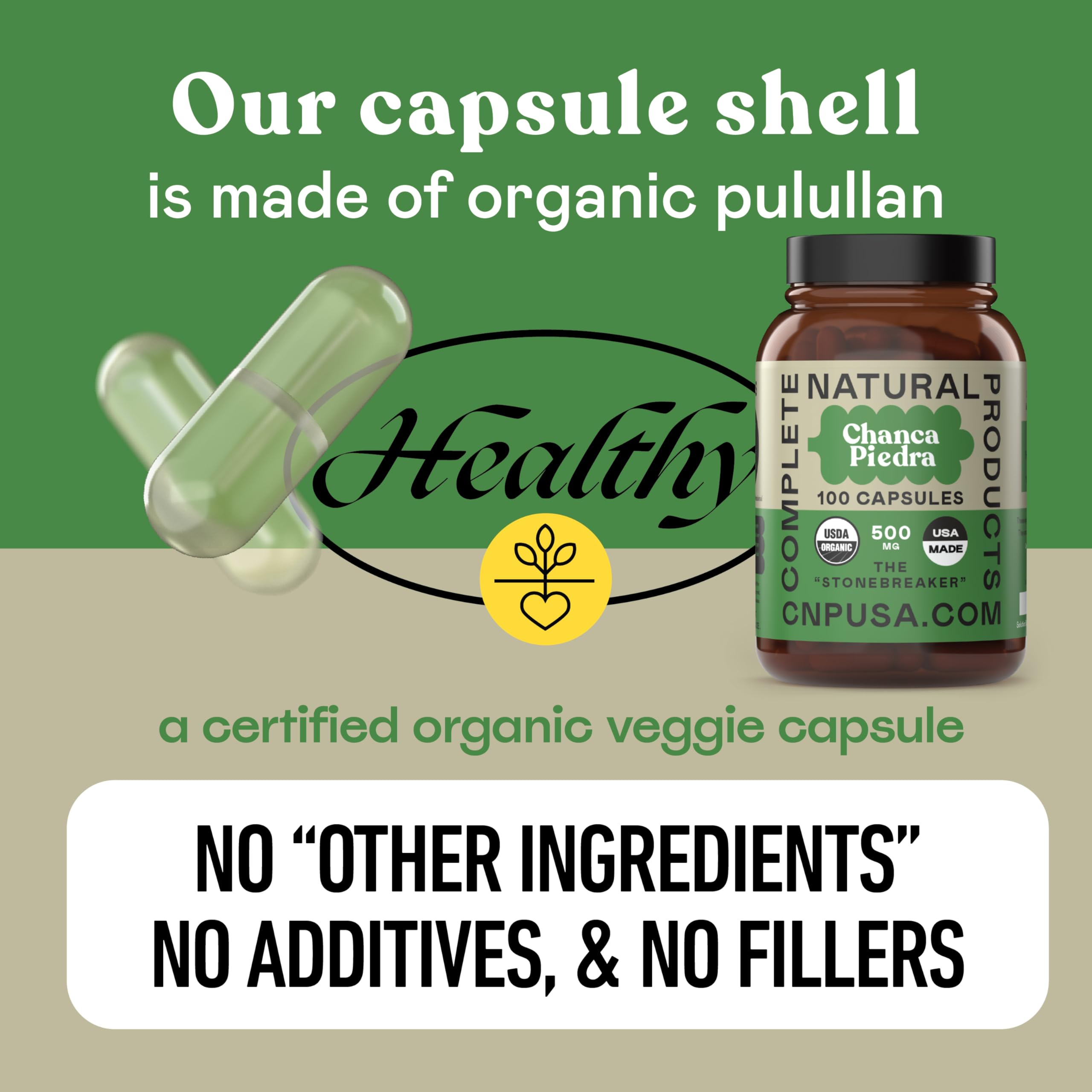 Complete Natural Products Chanca Piedra Organic Capsules on wooden surface
