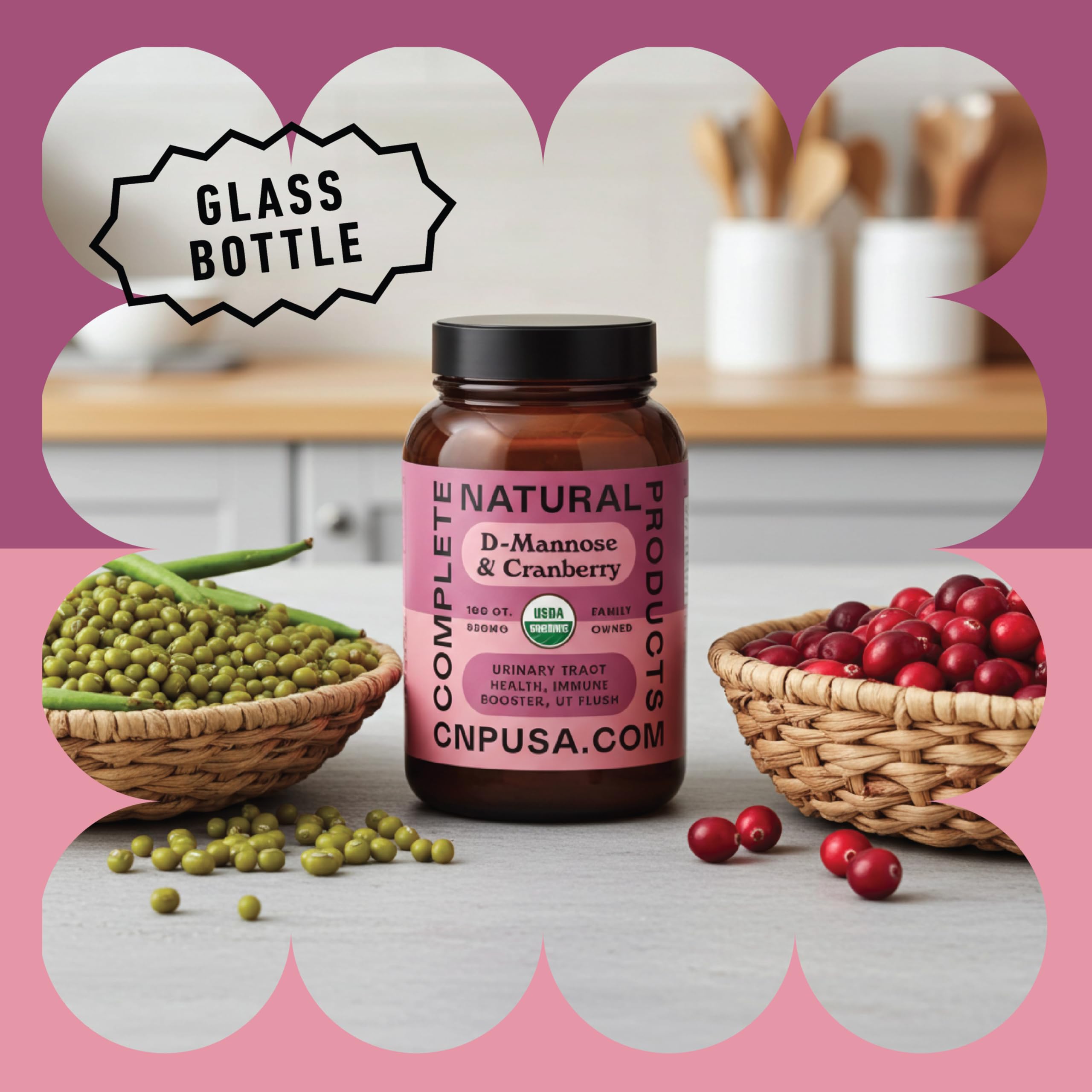 Complete Natural Products Cranberry D-Mannose Capsules on a wooden table