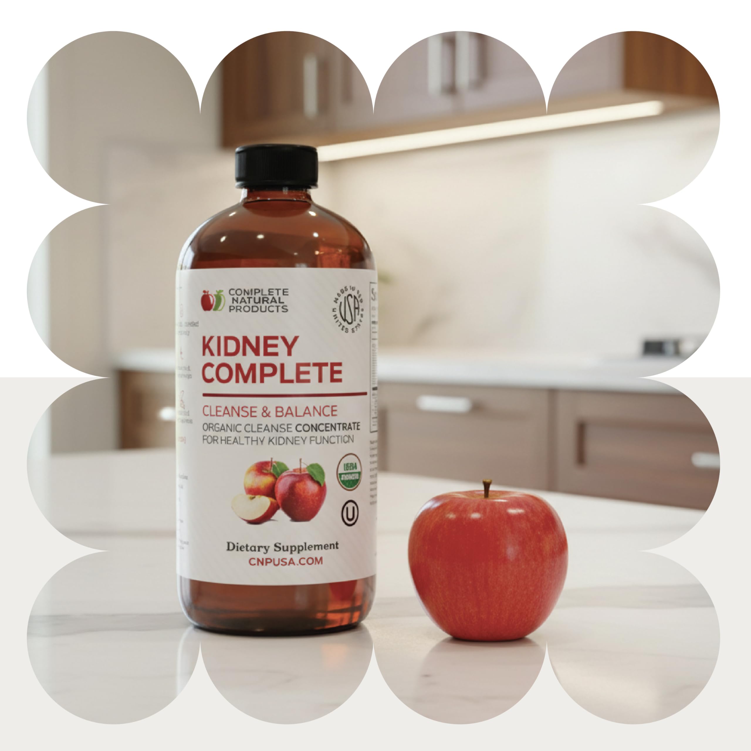 Complete Natural Products Kidney Cleanse Supplement liquid bottle with measuring cup