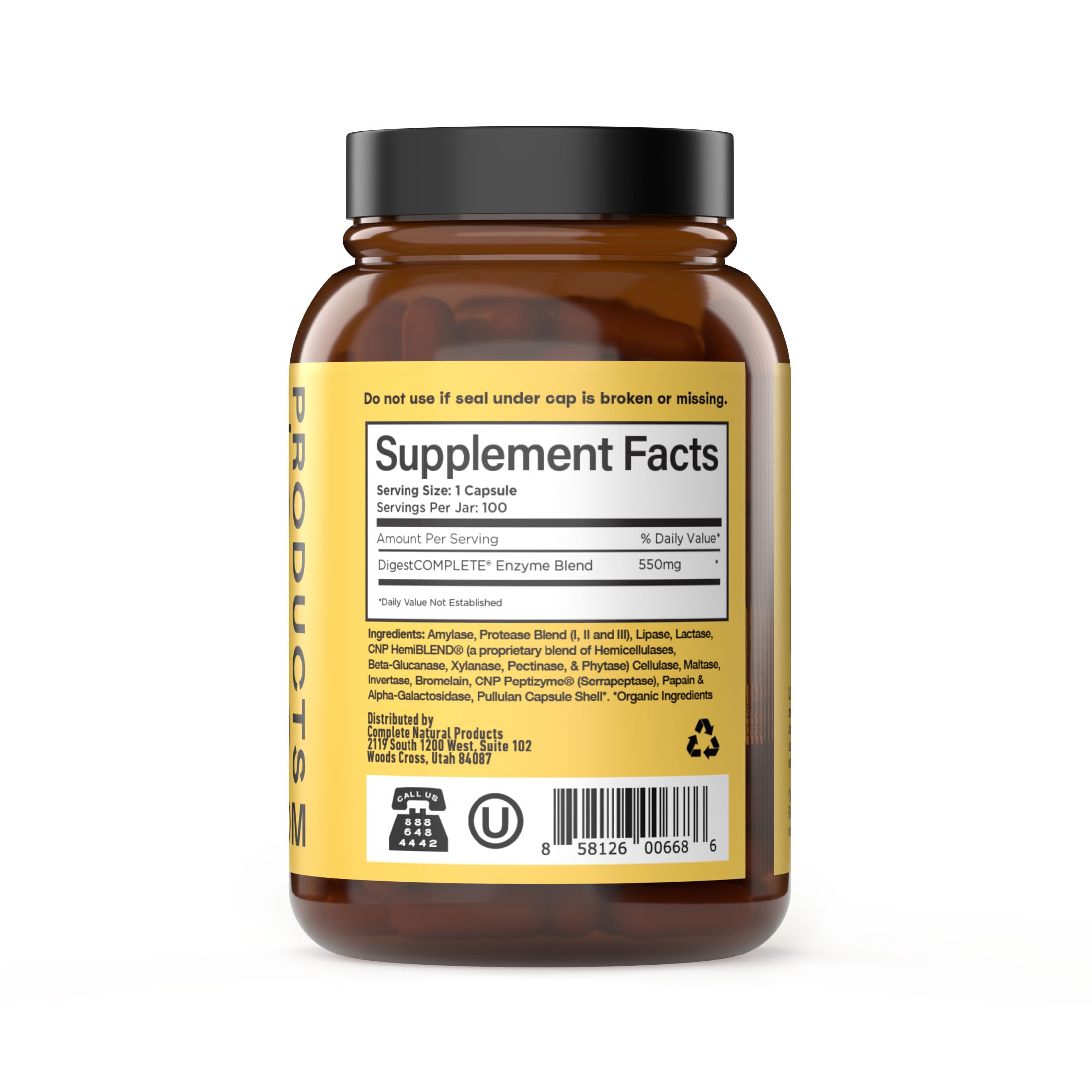 Complete Natural Products Multi-Enzymes capsules on a wooden table