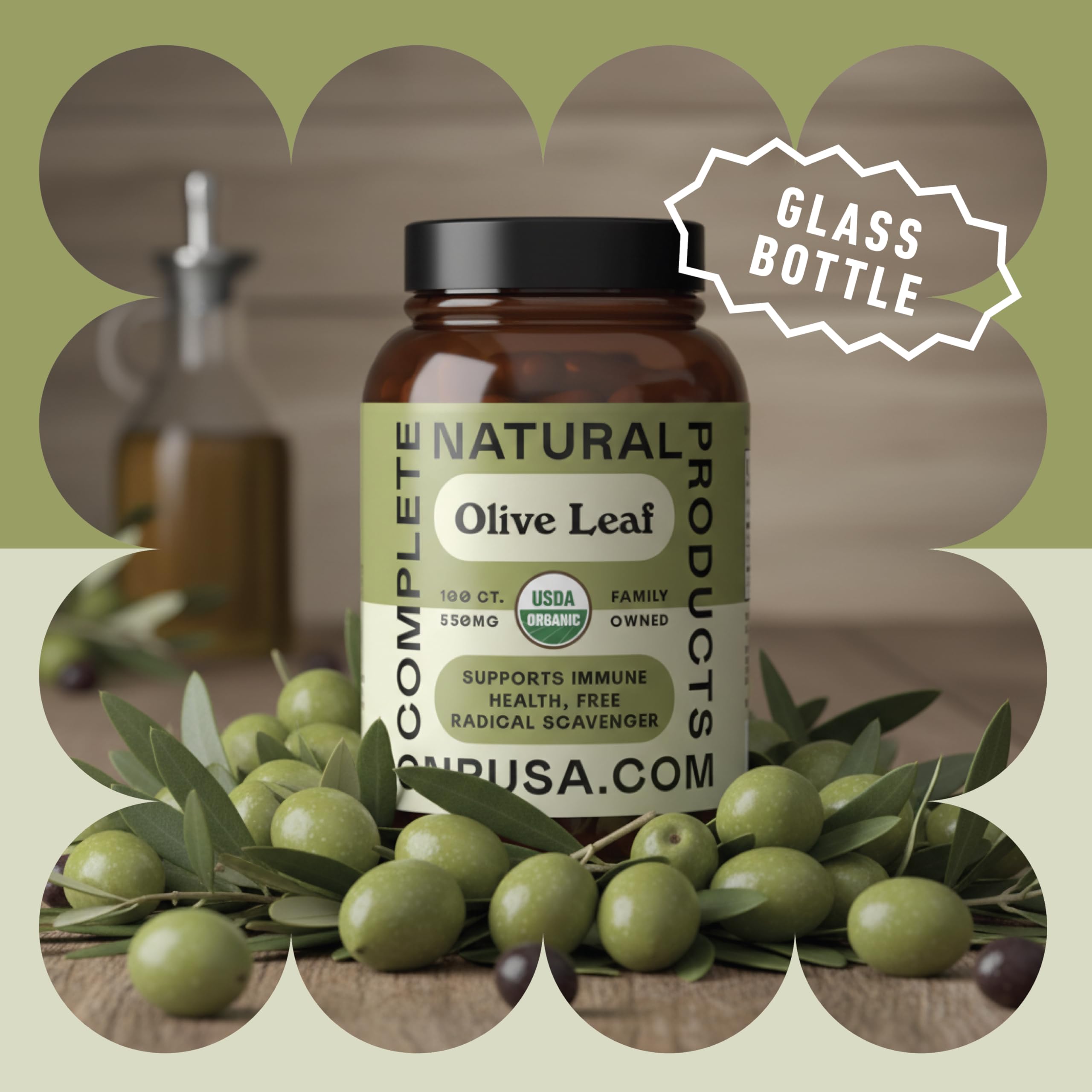 Complete Natural Products Olive Leaf Extract Capsules on a wooden table