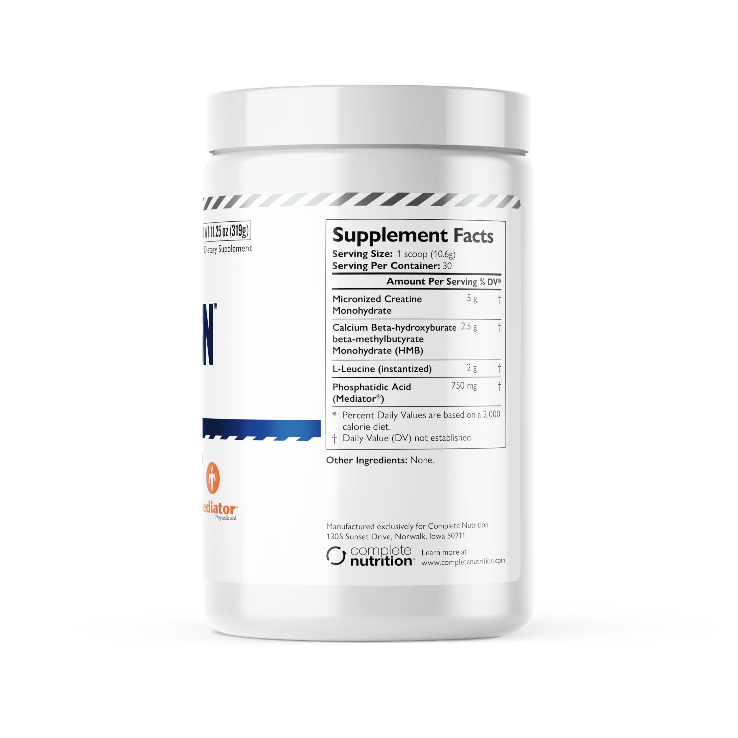 Complete Nutrition Alpha Gain Creatine Powder side view with nutritional information