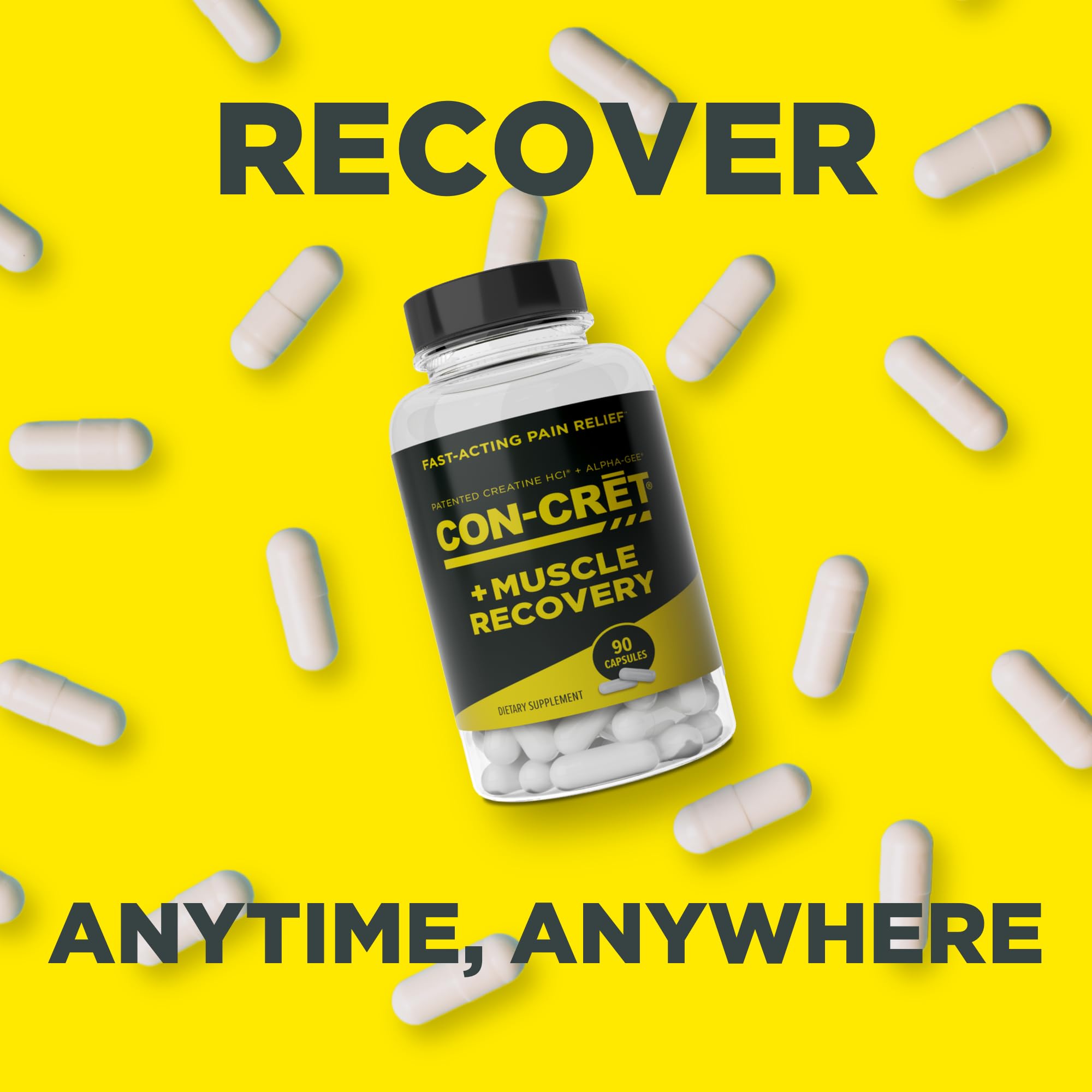 CON-CRET Creatine HCl 750mg capsules on a gym bench