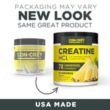 CON-CRET Creatine HCl 85g displayed on a gym bench