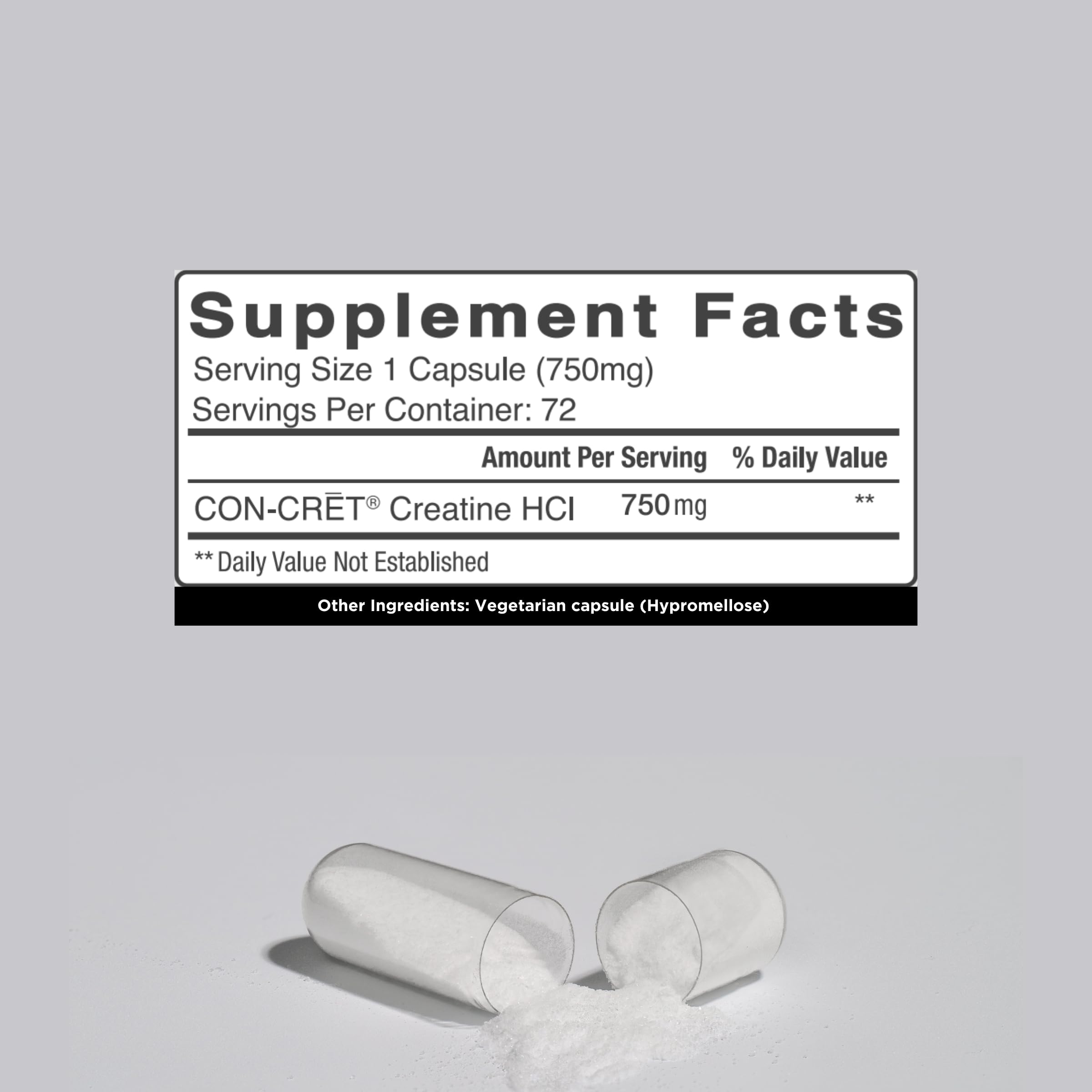 CON-CRET Creatine HCl Capsules open bottle showing capsules