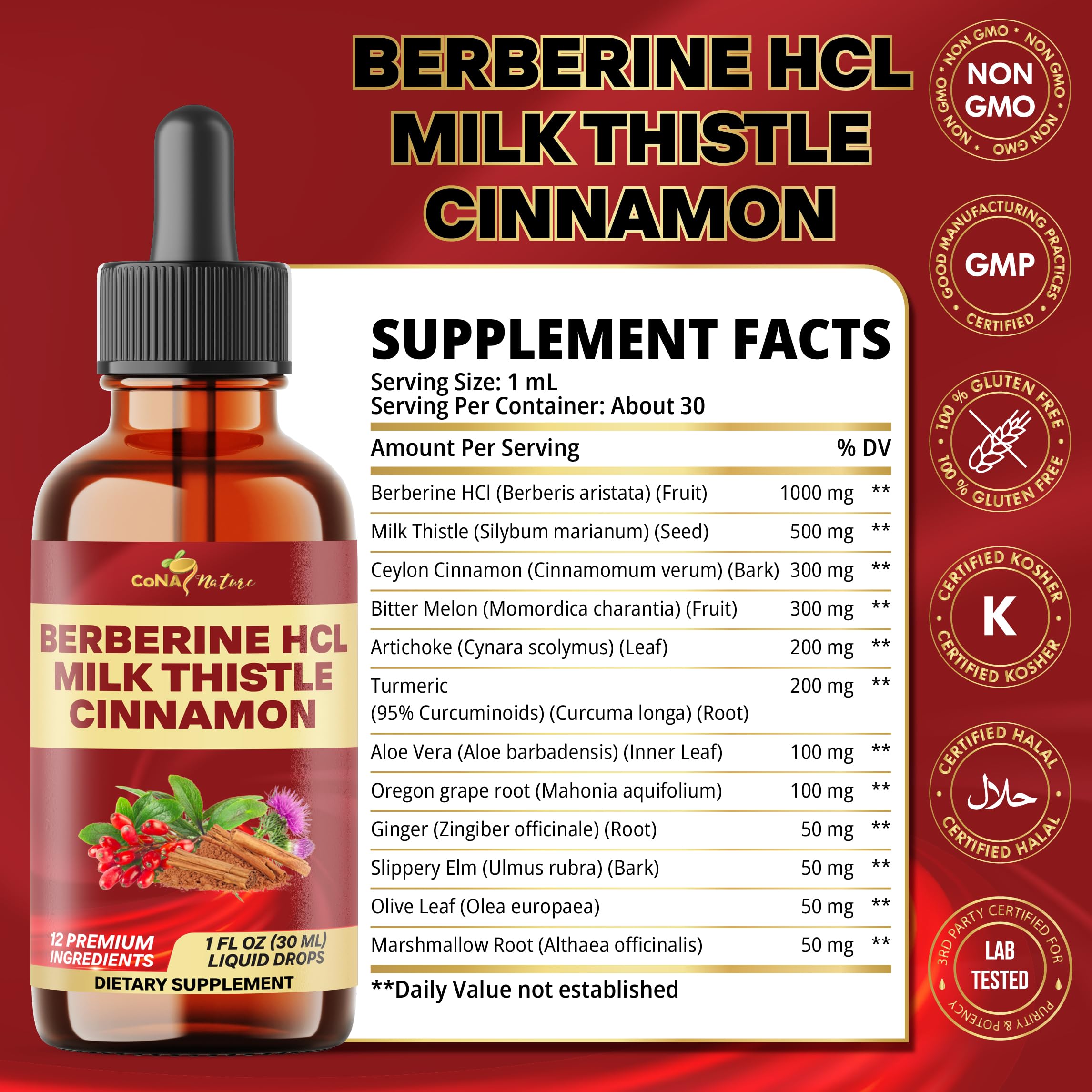 Cona Nature 12in1 Berberine Liquid Drops bottle with ingredients