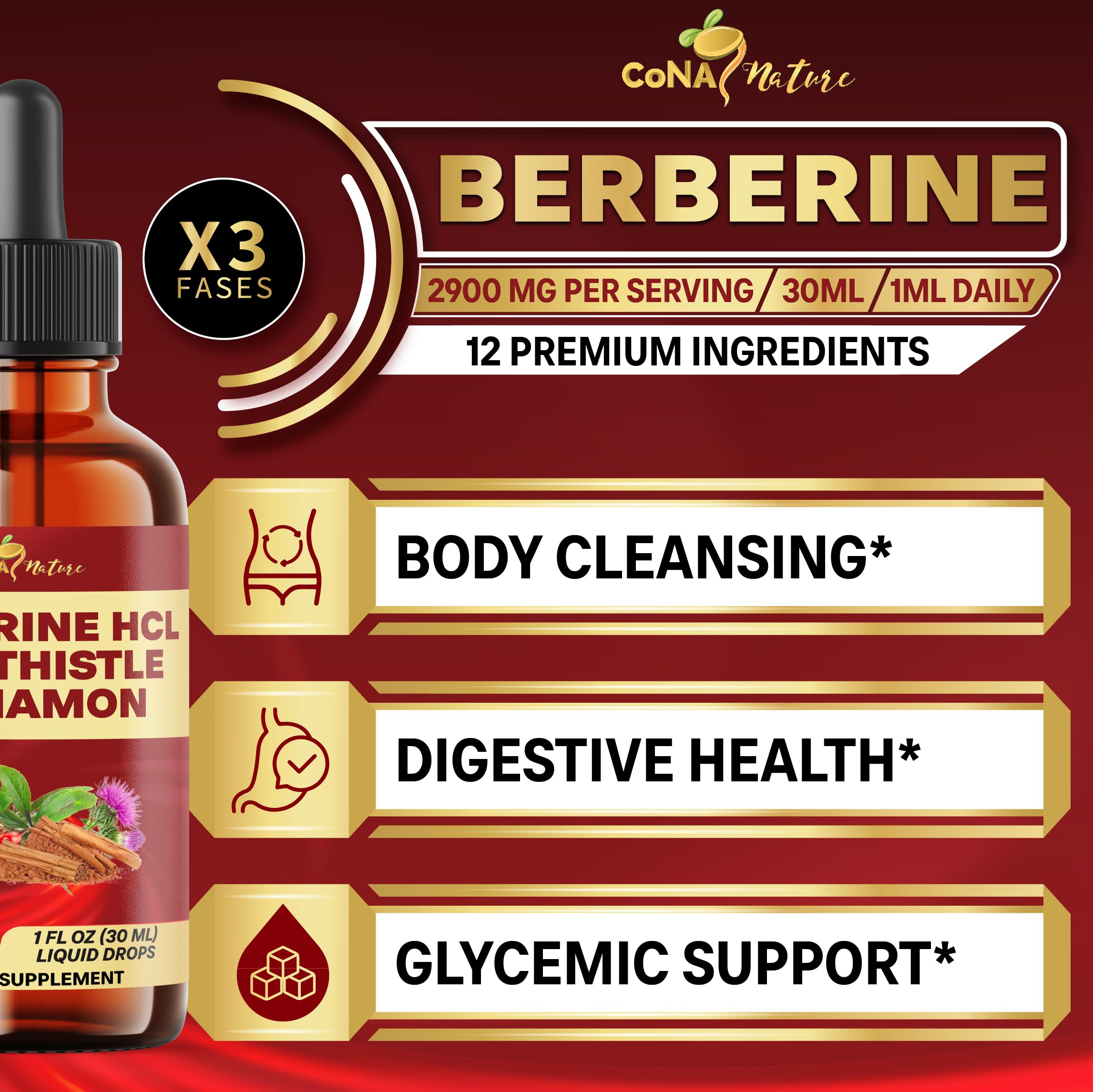 Cona Nature 12in1 Berberine Liquid Drops in a glass with drink
