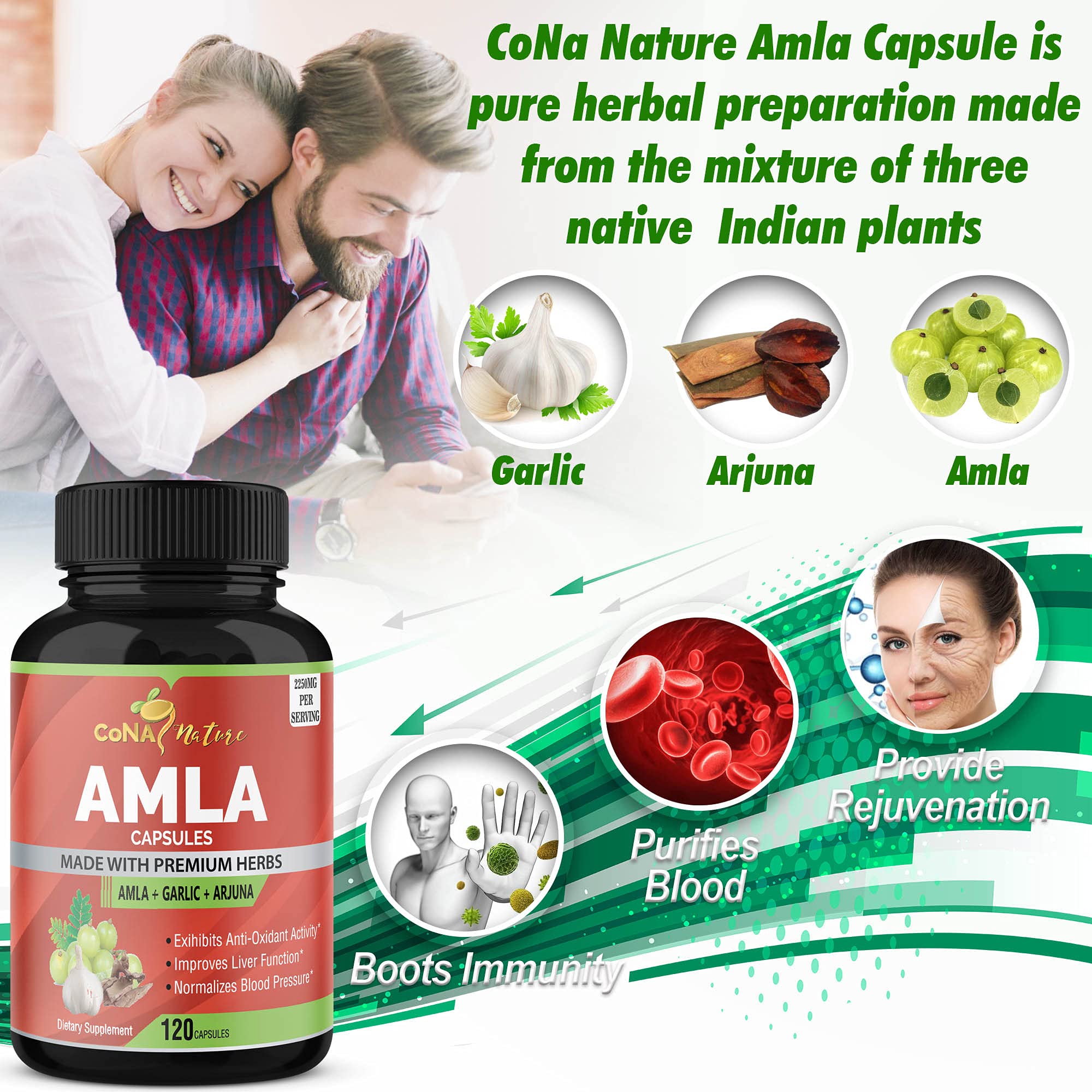 Cona Nature Amla Capsules bottle with a natural background