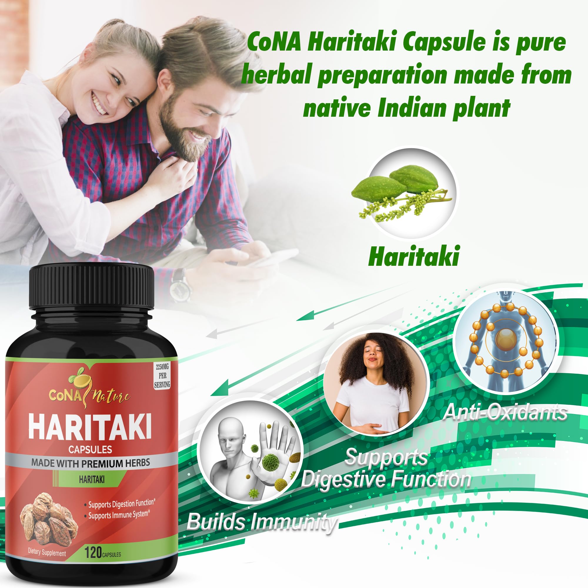 Cona Nature Haritaki Capsules packaging with dimensions