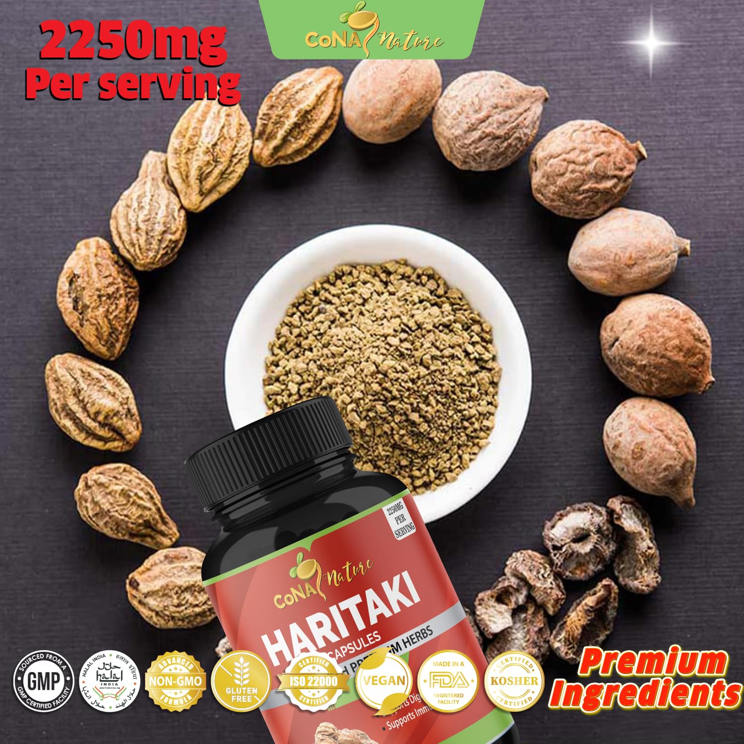 Cona Nature Haritaki Capsules showing serving size