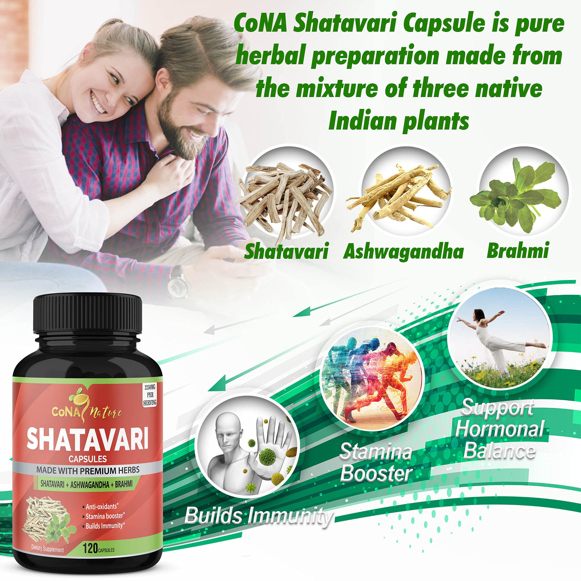 Cona Nature Shatavari Capsules 2250mg lifestyle scene with a glass of water