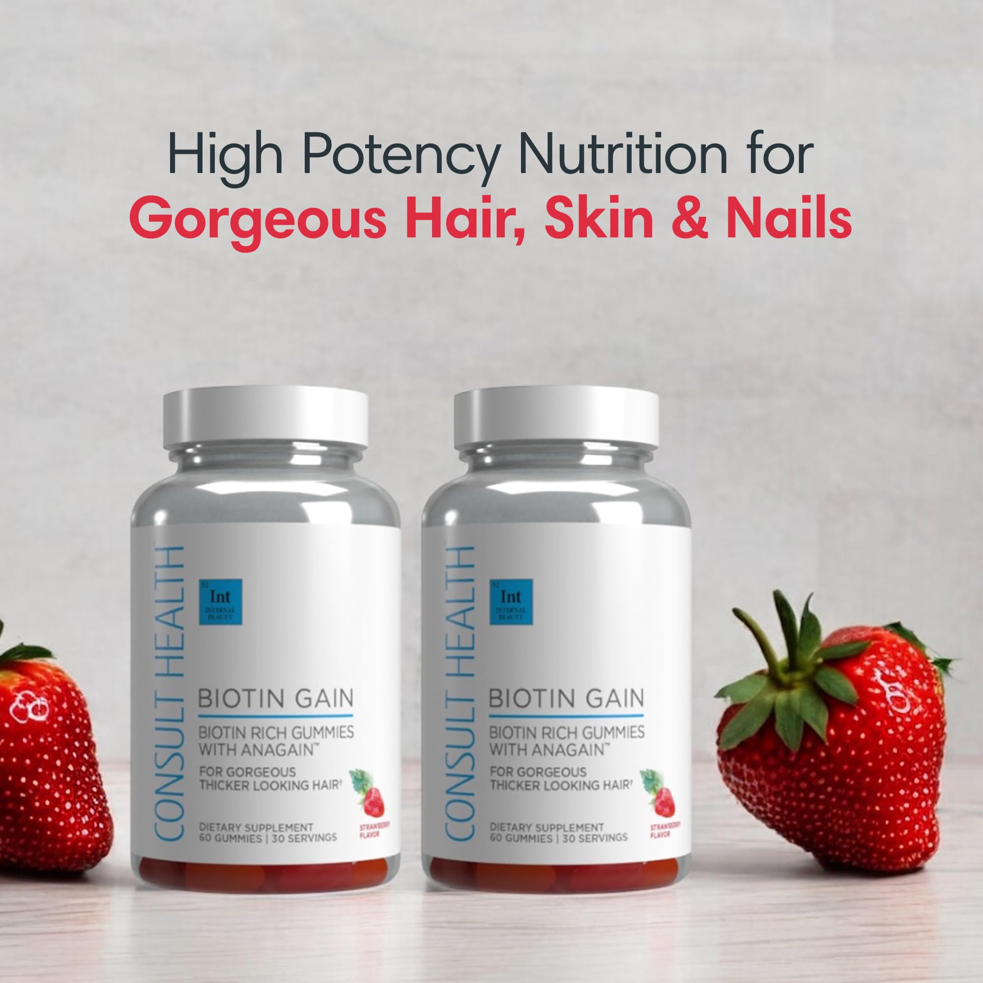 Consult Health Biotin GAIN Gummies displayed with fresh ingredients