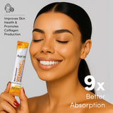 Contents of Vida Lifescience Vitamin C packet on a wooden table