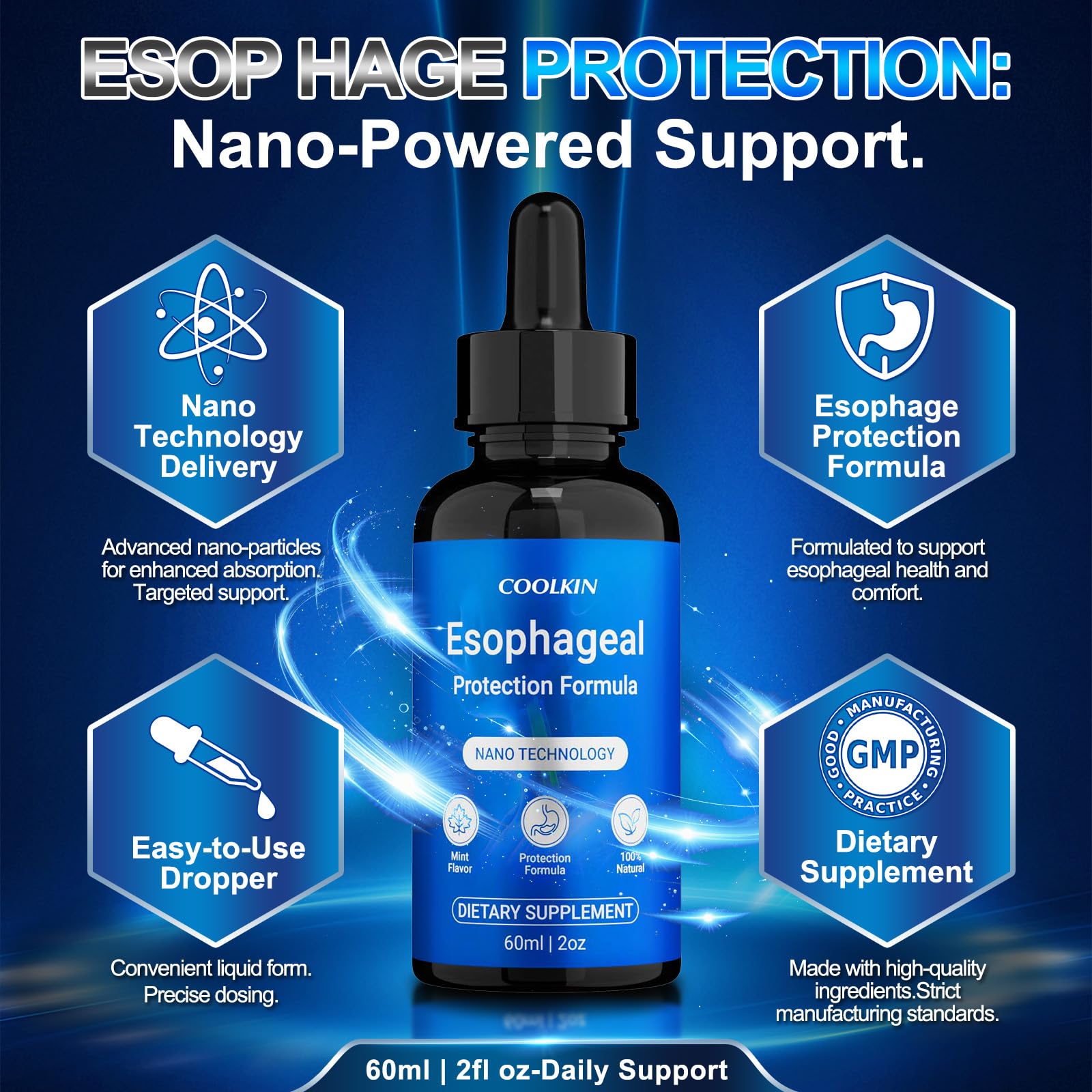 COOLKIN Esophageal Support Supplement side view with ingredients