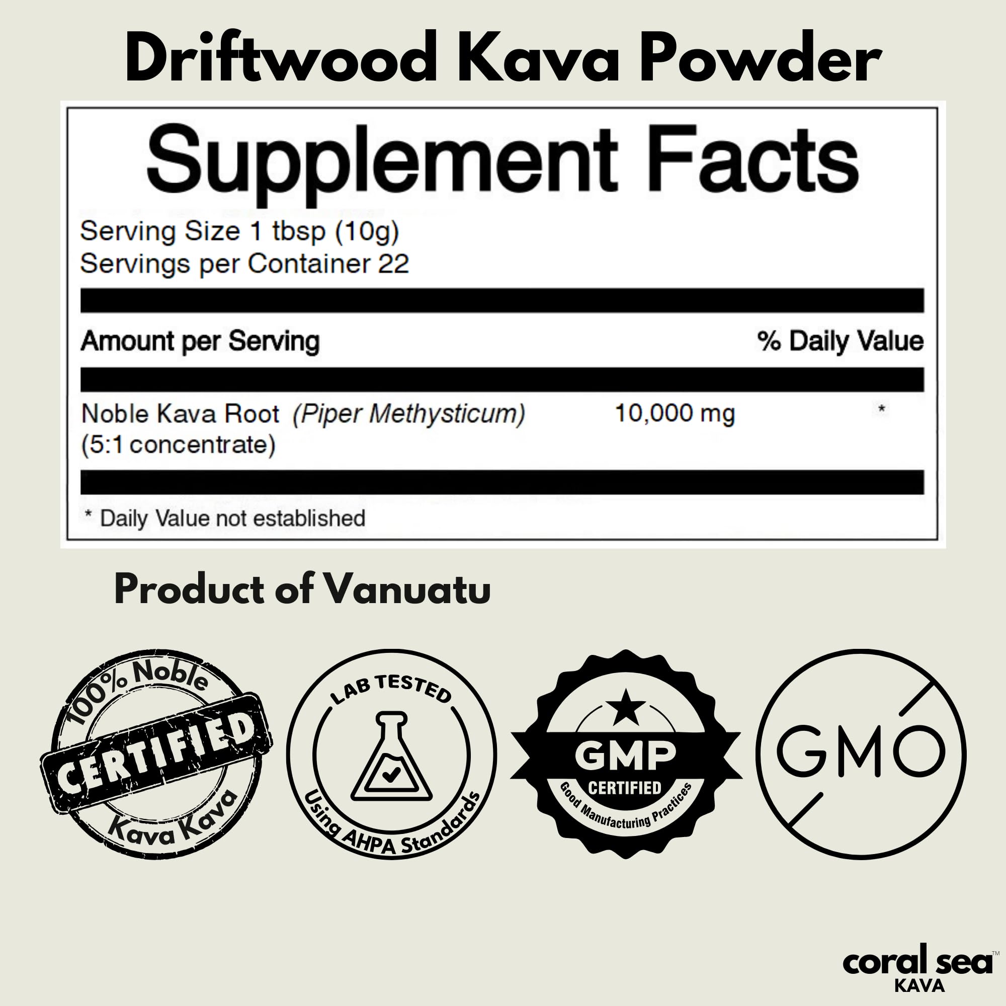 Coral Sea Kava Kava Powder 240g close-up of product details