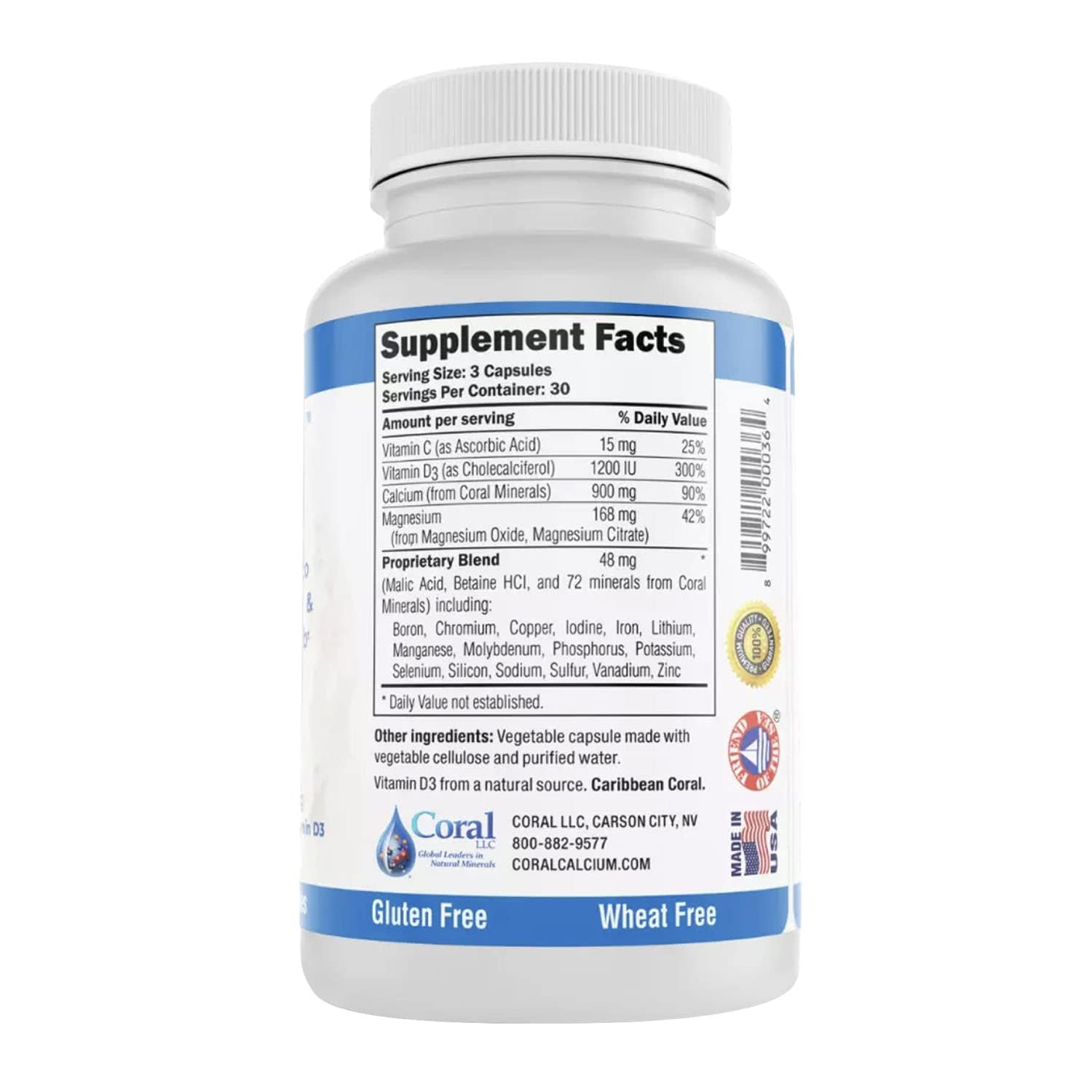 Coral White Coral Calcium 900mg supplement bottle side view