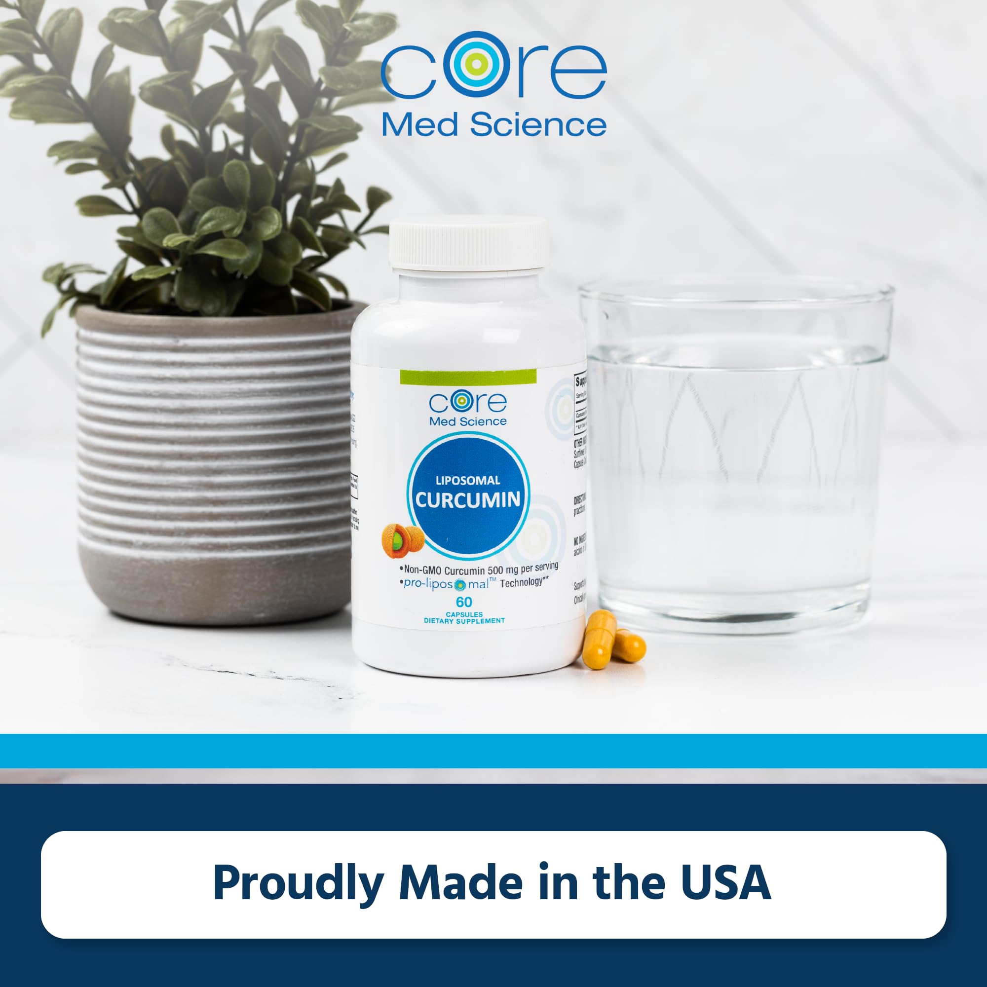 Core Med Science Liposomal Curcumin capsules in a hand