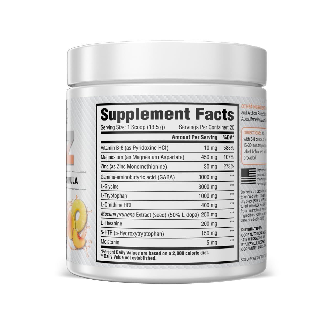 Core Nutritionals ZZZ Sleep Aid Pineapple Peach packaging side view
