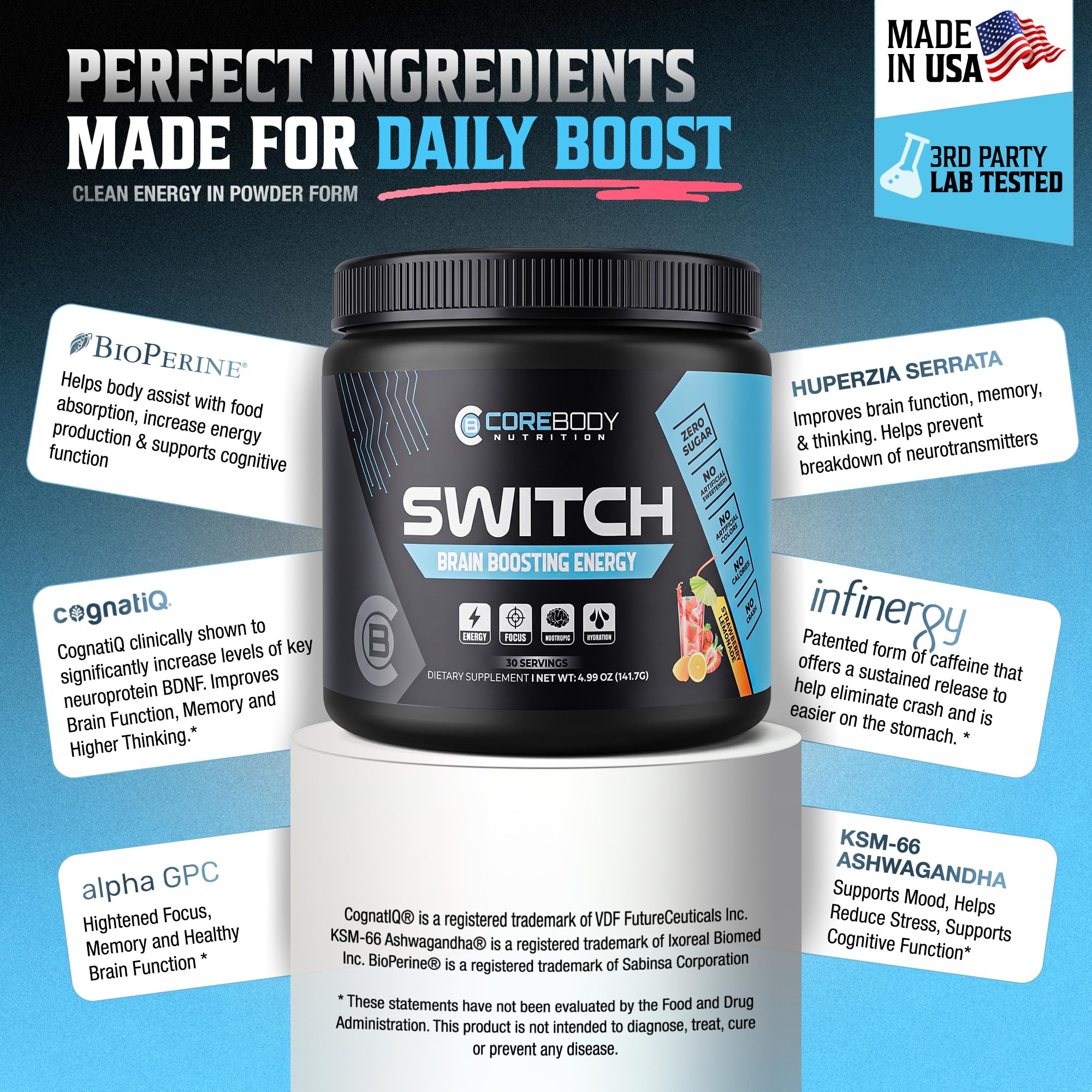 CoreBody Nutrition Switch Nootropic Powder mixed in a glass