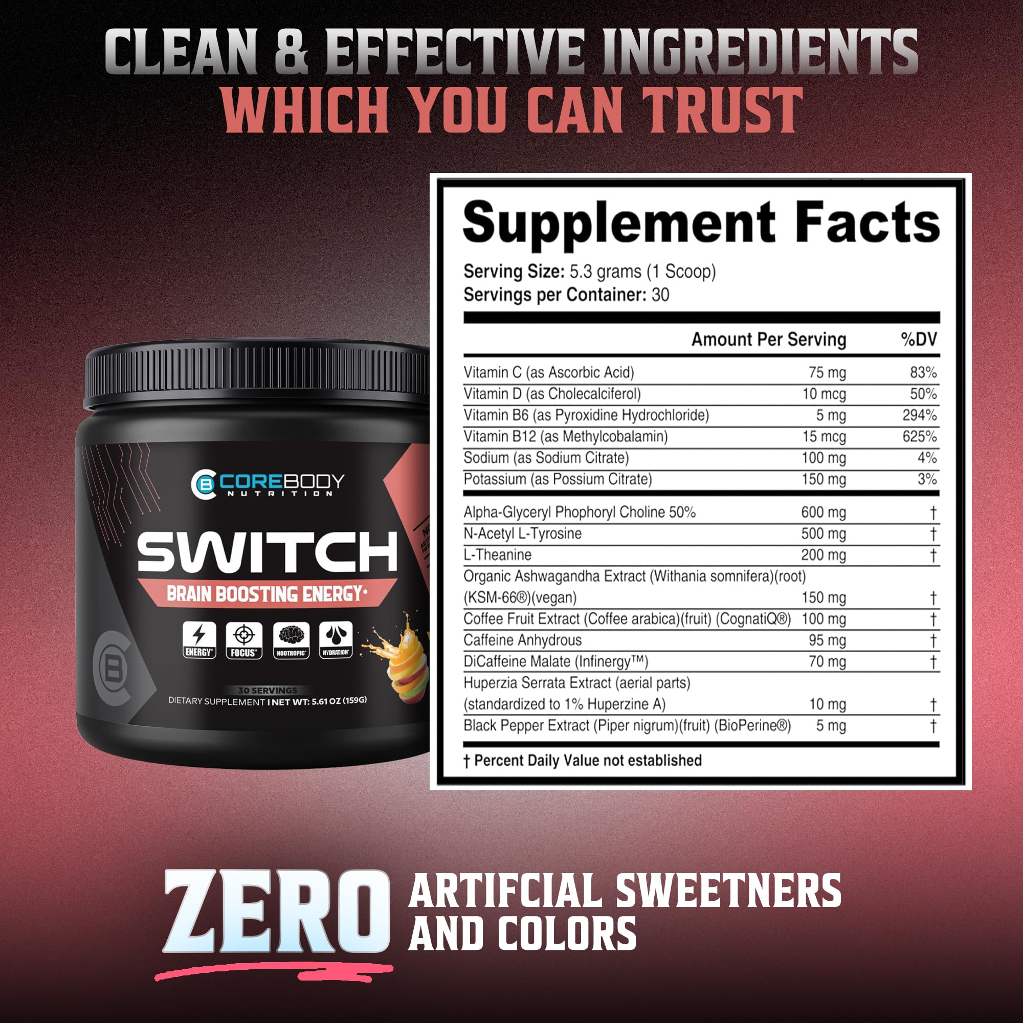 CoreBody Nutrition Switch Nootropic Powder on a desk with study materials