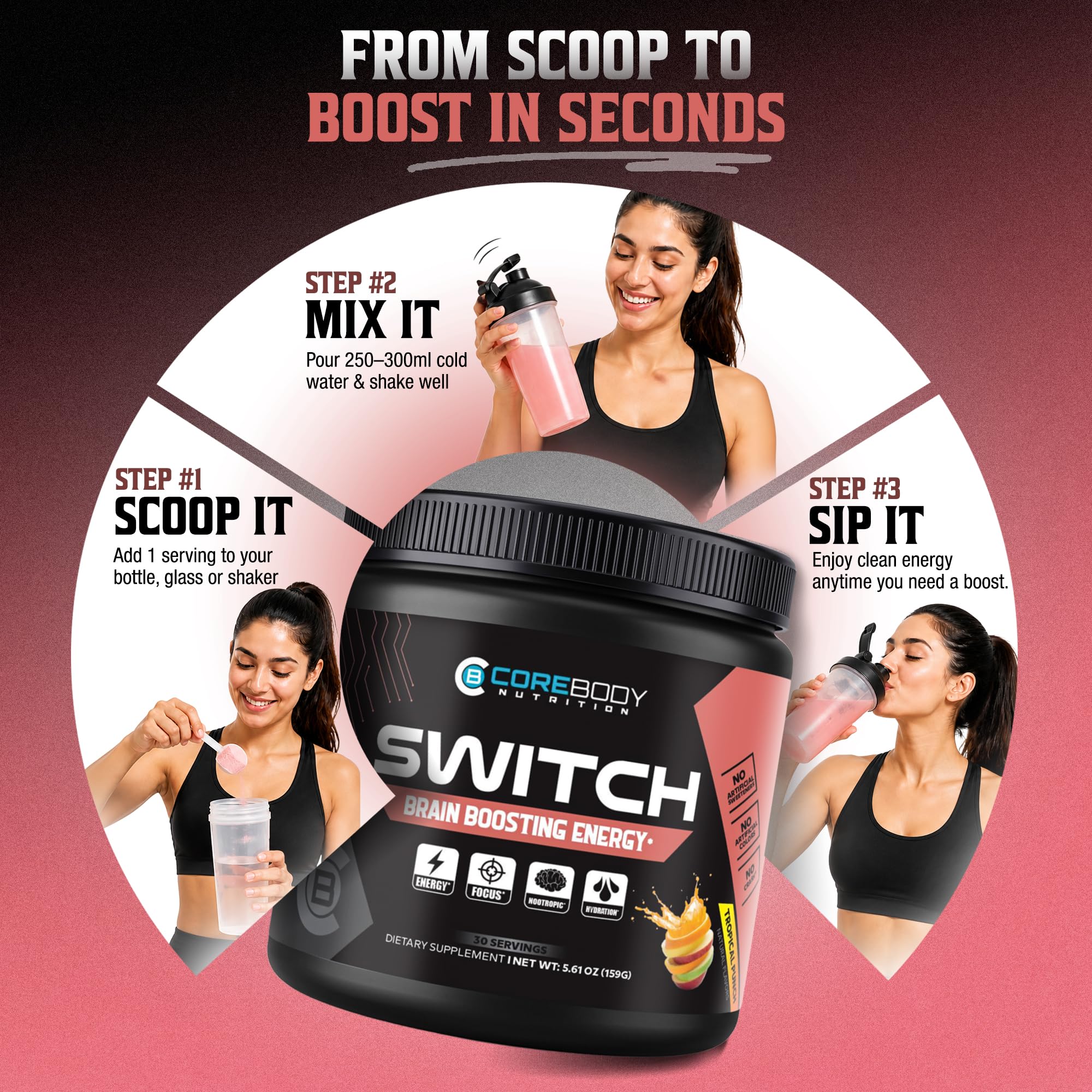 CoreBody Nutrition Switch Nootropic Powder packaging side view
