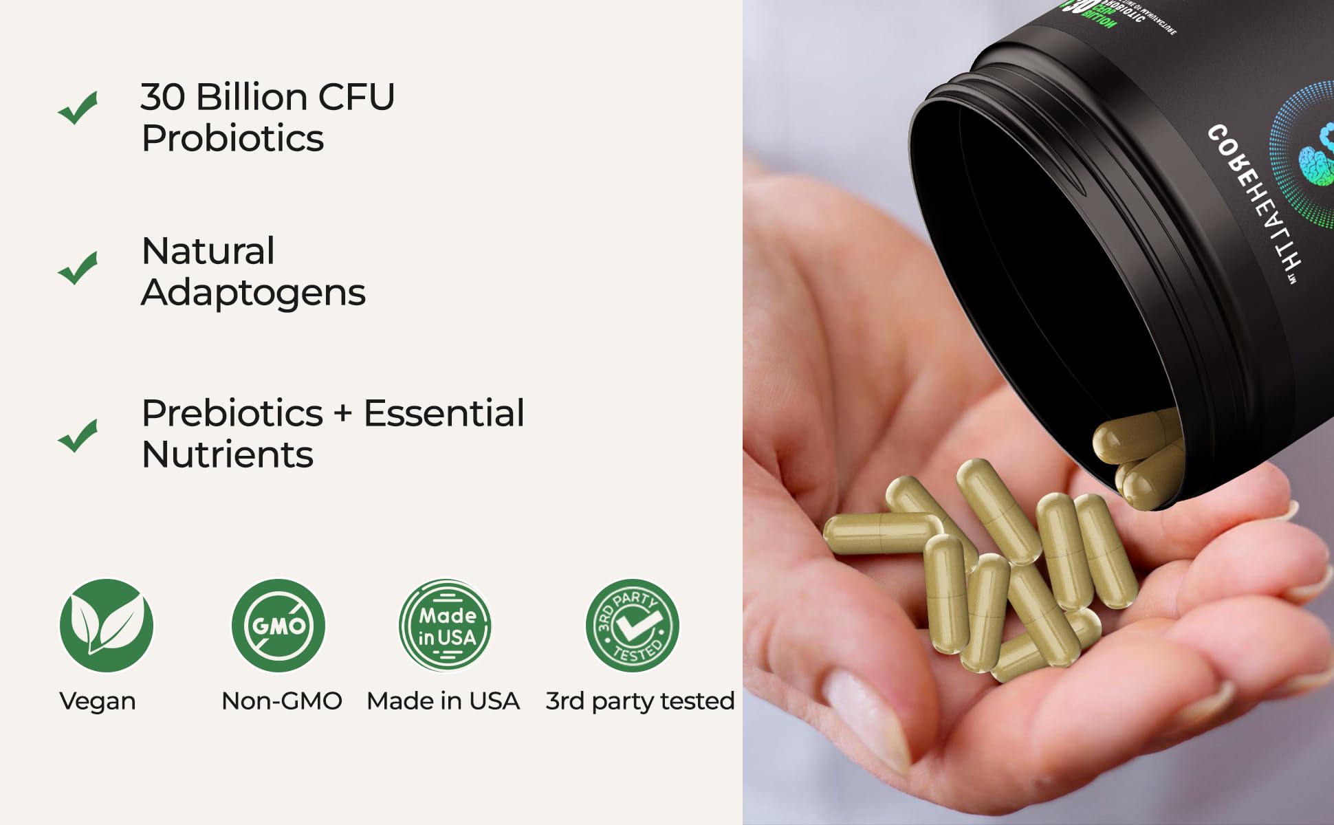 COREHEALTH Probiotic + Nootropic Blend 30 Billion CFU with measuring spoon